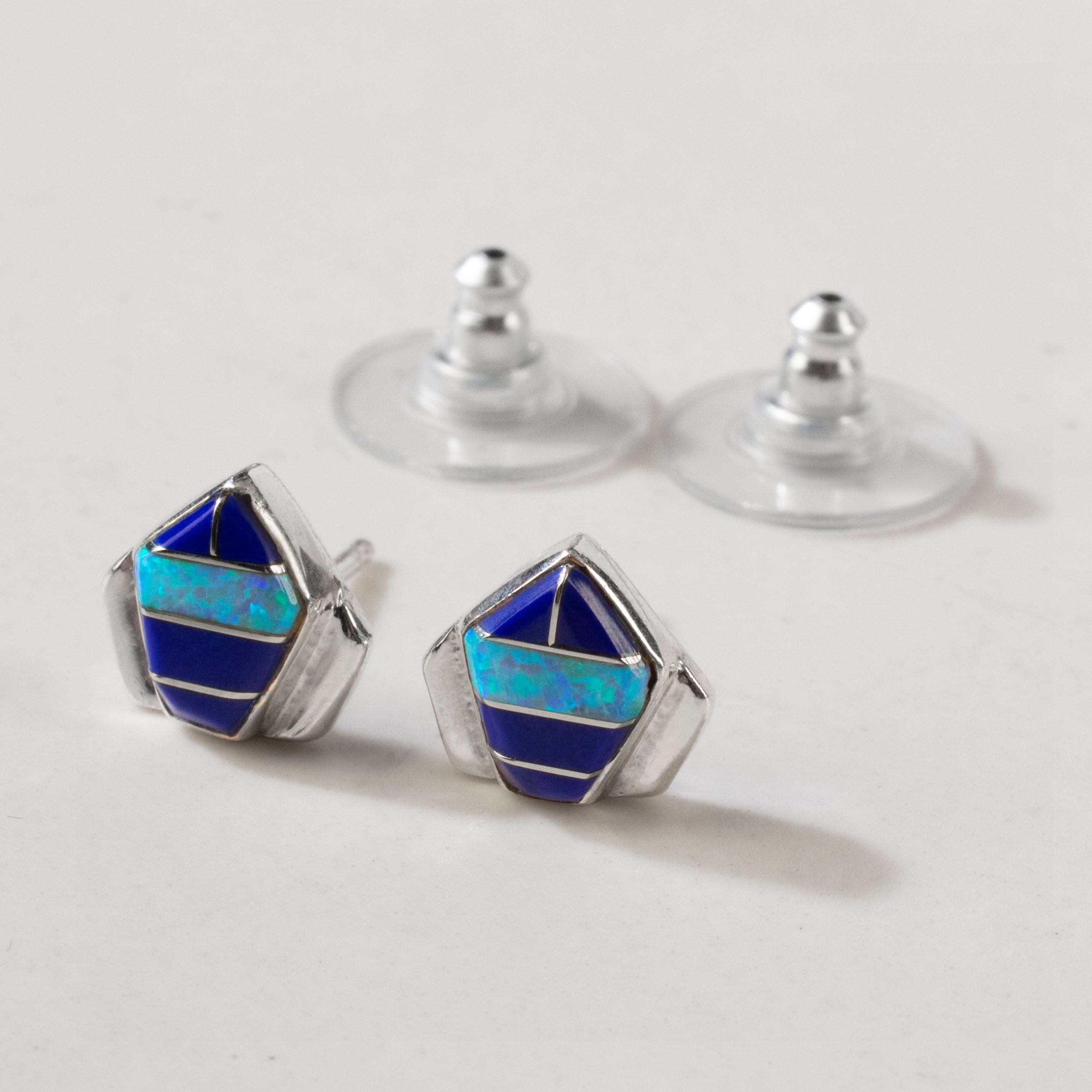 Kalifano Southwest Silver Jewelry Lapis Pentagon 925 Sterling Silver USA Handmade Earring with Stud Backing NME.0371.LP