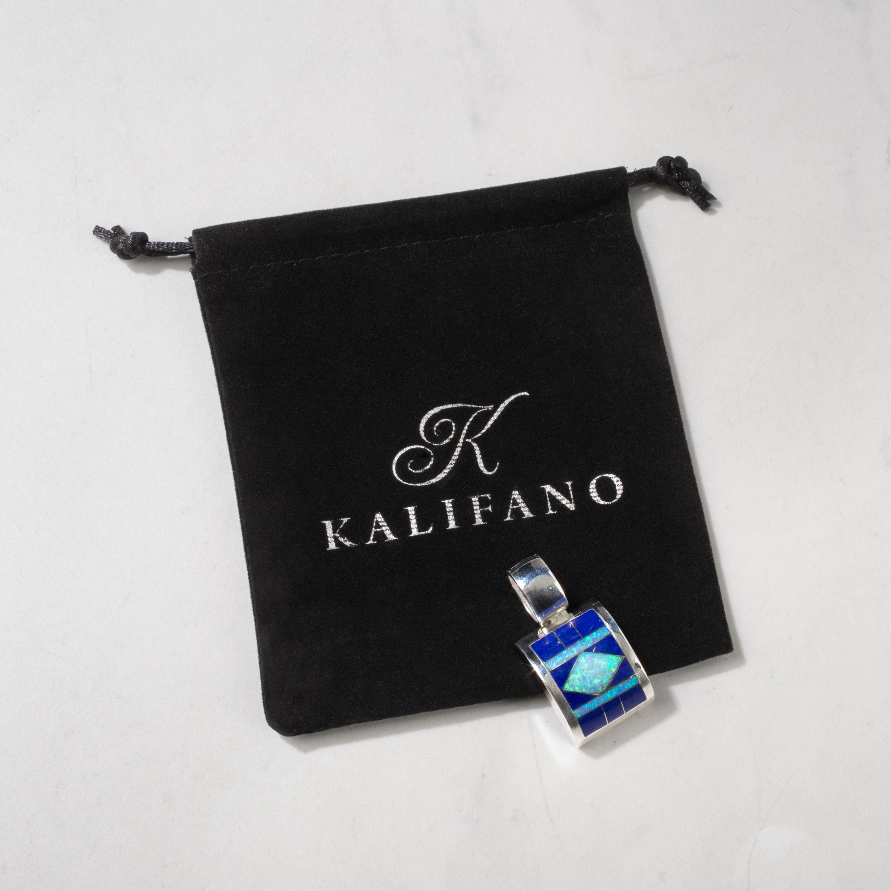 Kalifano Southwest Silver Jewelry Lapis Rectangle 925 Sterling Silver USA Handmade Pendant with Opal Accent NMN.0751.LP