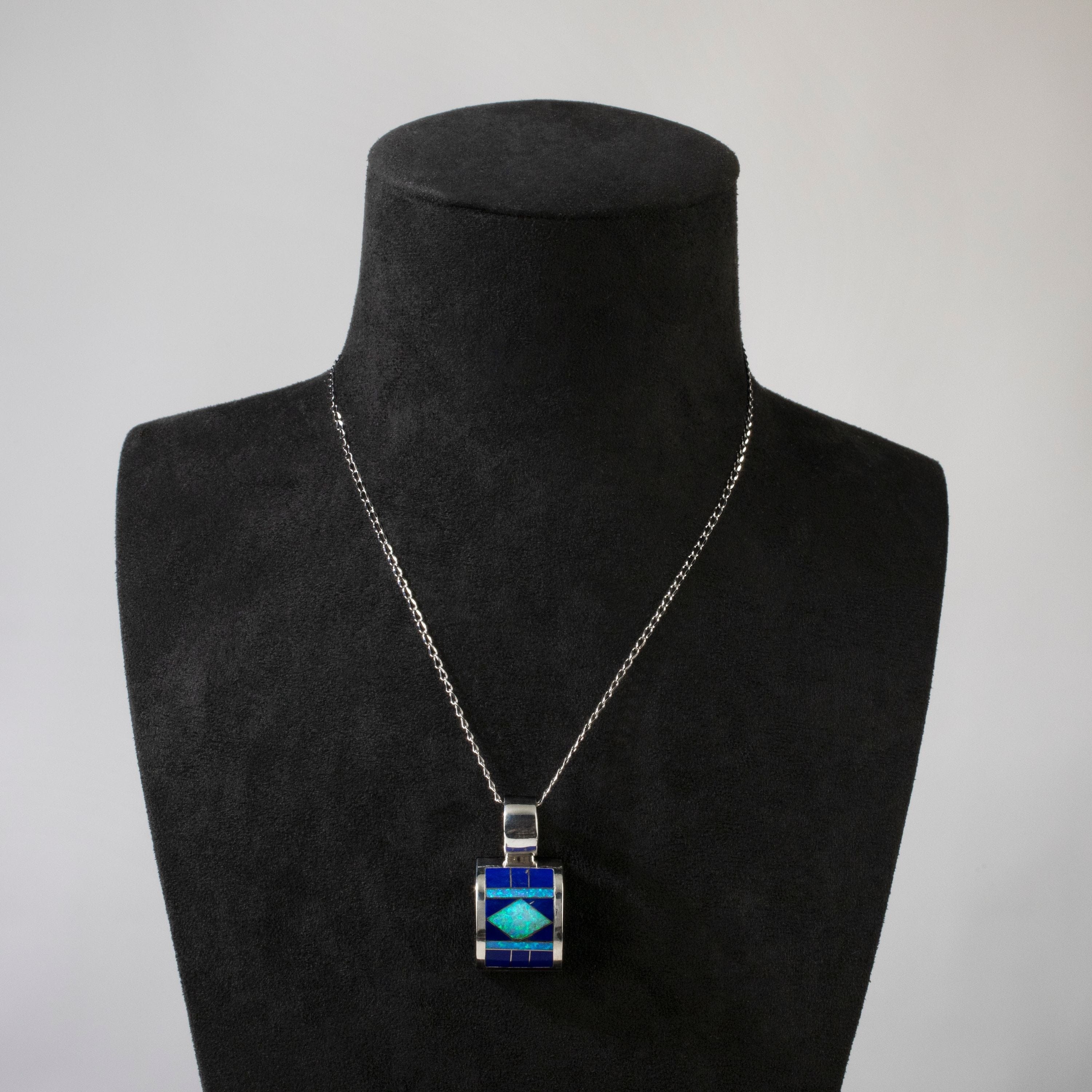 Kalifano Southwest Silver Jewelry Lapis Rectangle 925 Sterling Silver USA Handmade Pendant with Opal Accent NMN.0751.LP