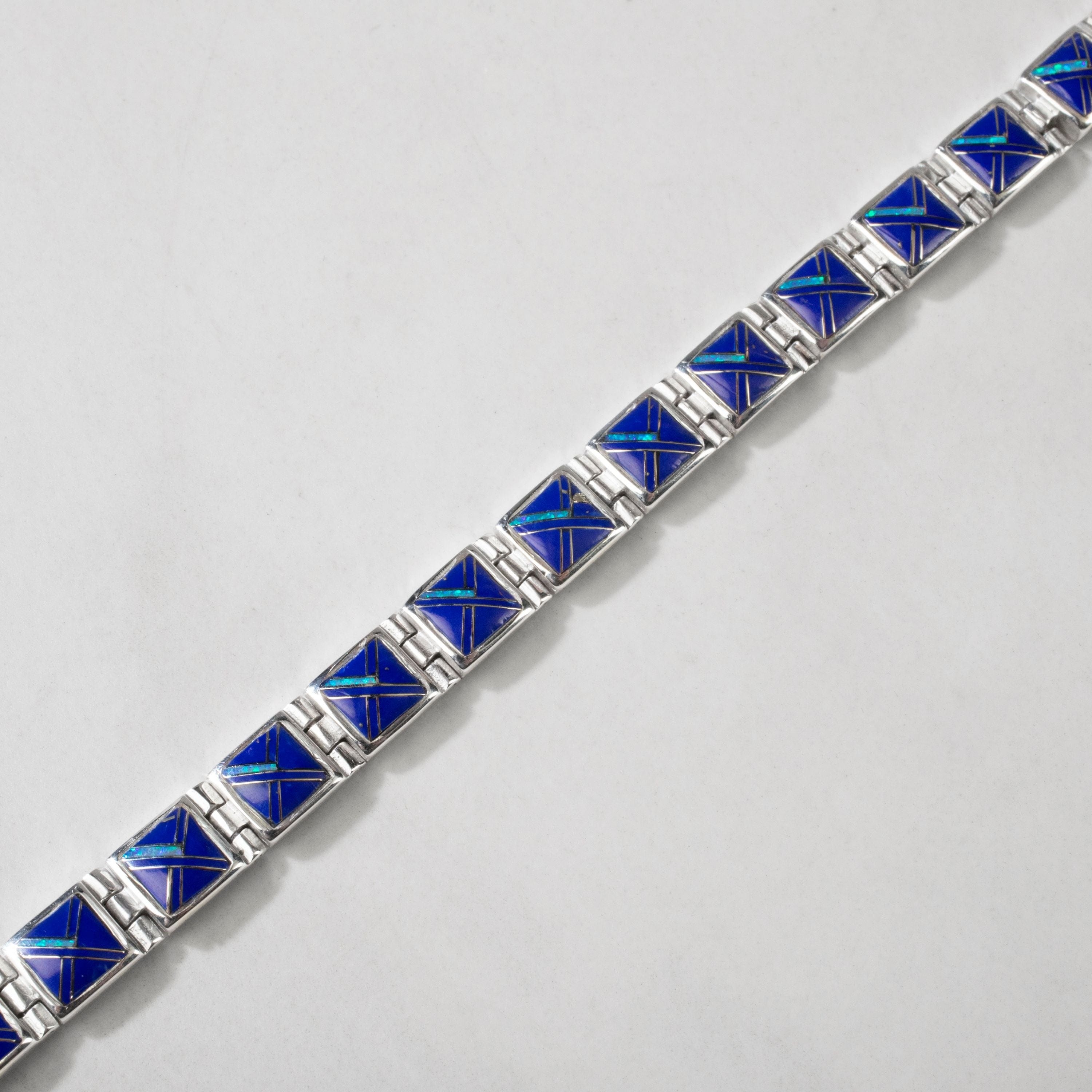 Kalifano Southwest Silver Jewelry Lapis Square 925 Sterling Silver Bracelet USA Handmade with Opal Accent NMB.0245.LP