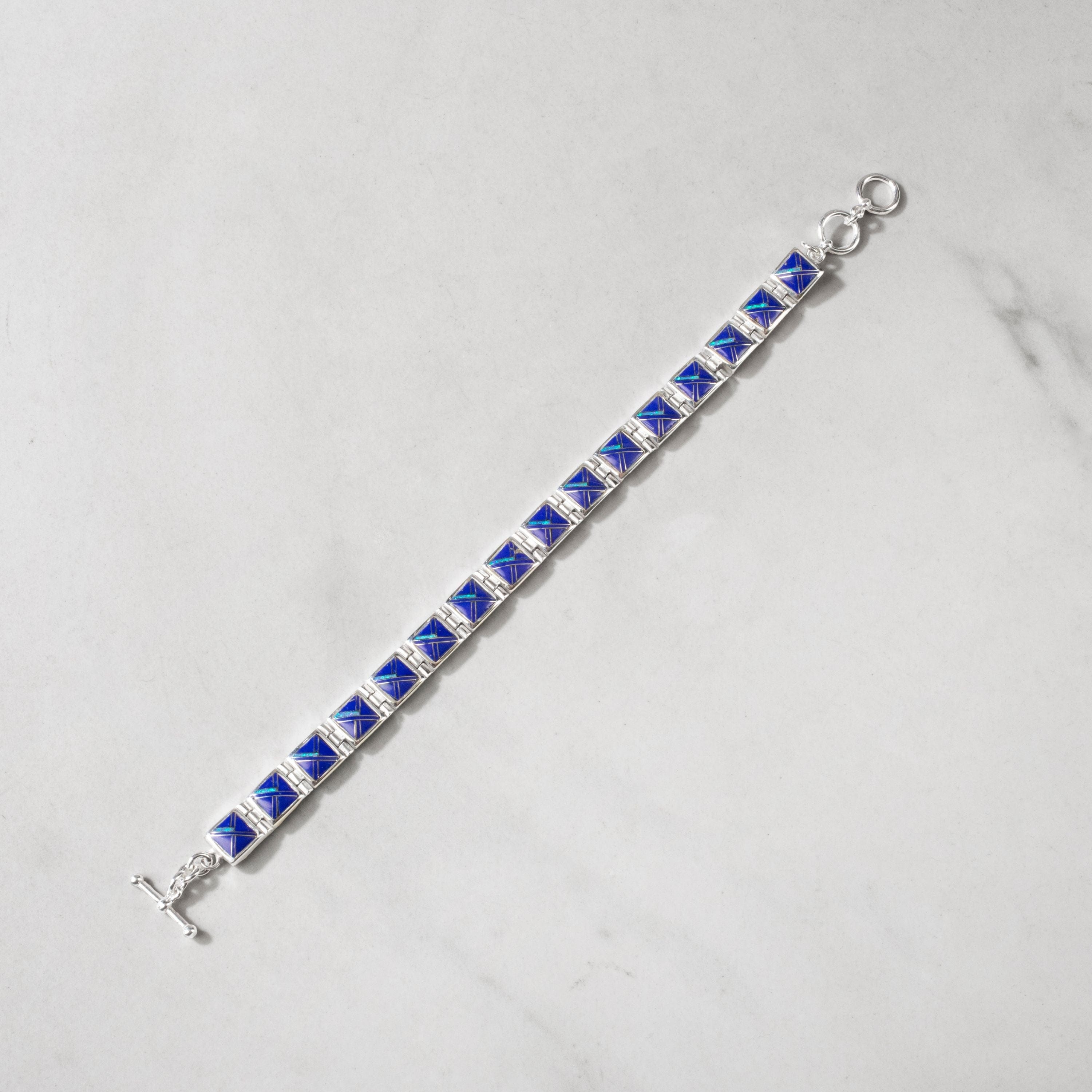 Kalifano Southwest Silver Jewelry Lapis Square 925 Sterling Silver Bracelet USA Handmade with Opal Accent NMB.0245.LP