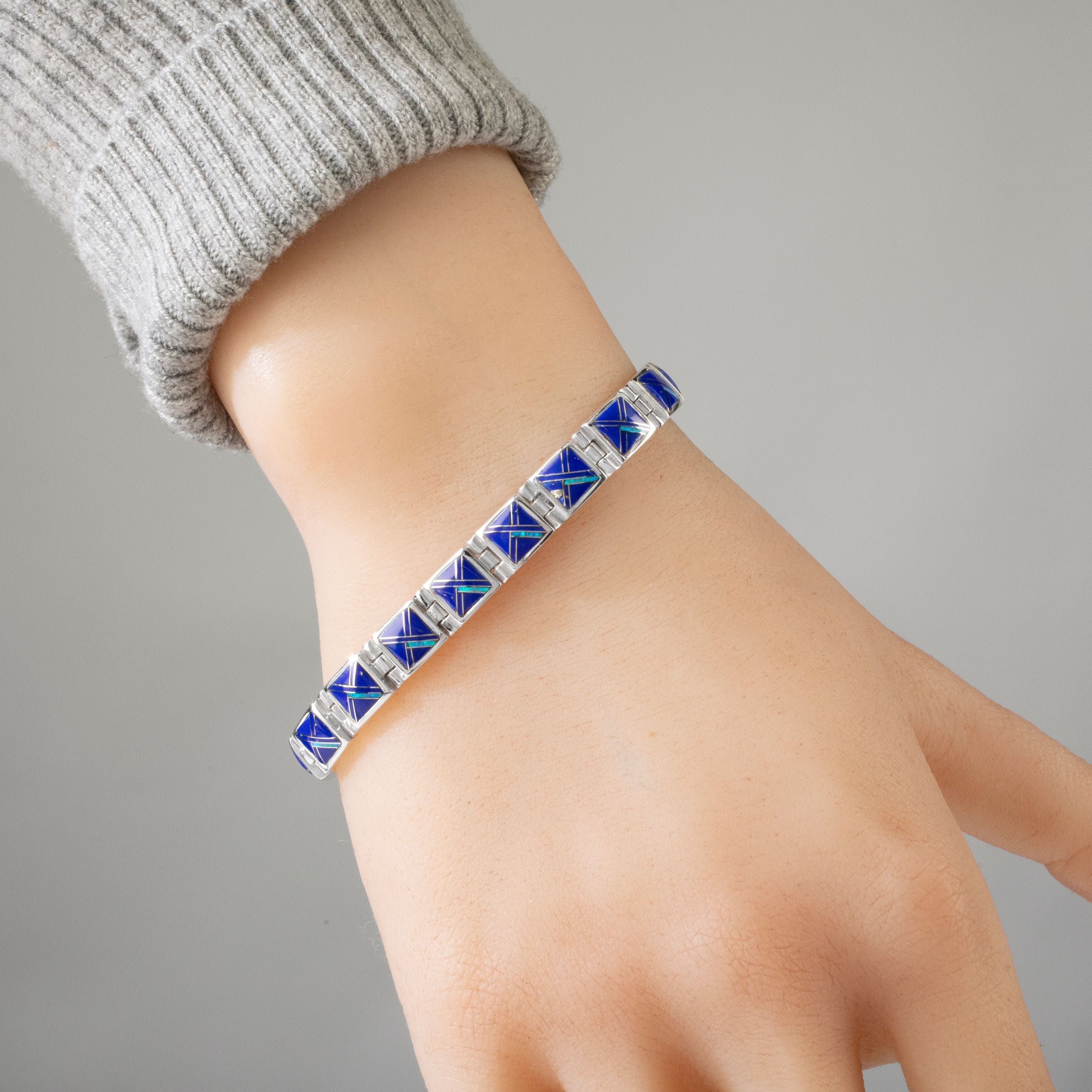 Kalifano Southwest Silver Jewelry Lapis Square 925 Sterling Silver Bracelet USA Handmade with Opal Accent NMB.0245.LP