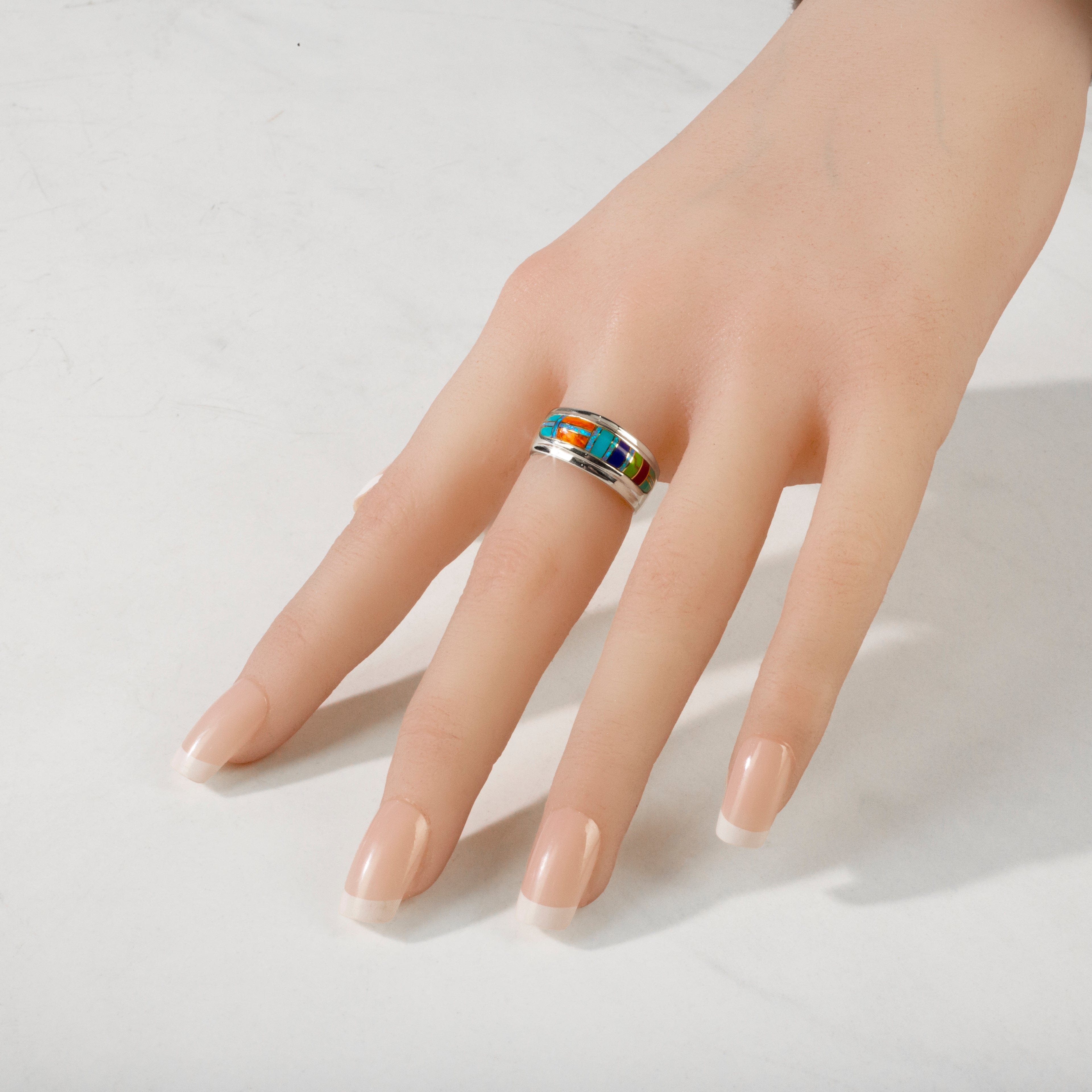 Kalifano Southwest Silver Jewelry Multi Gem 925 Sterling Silver Ring Handmade with Laboratory Opal Accent