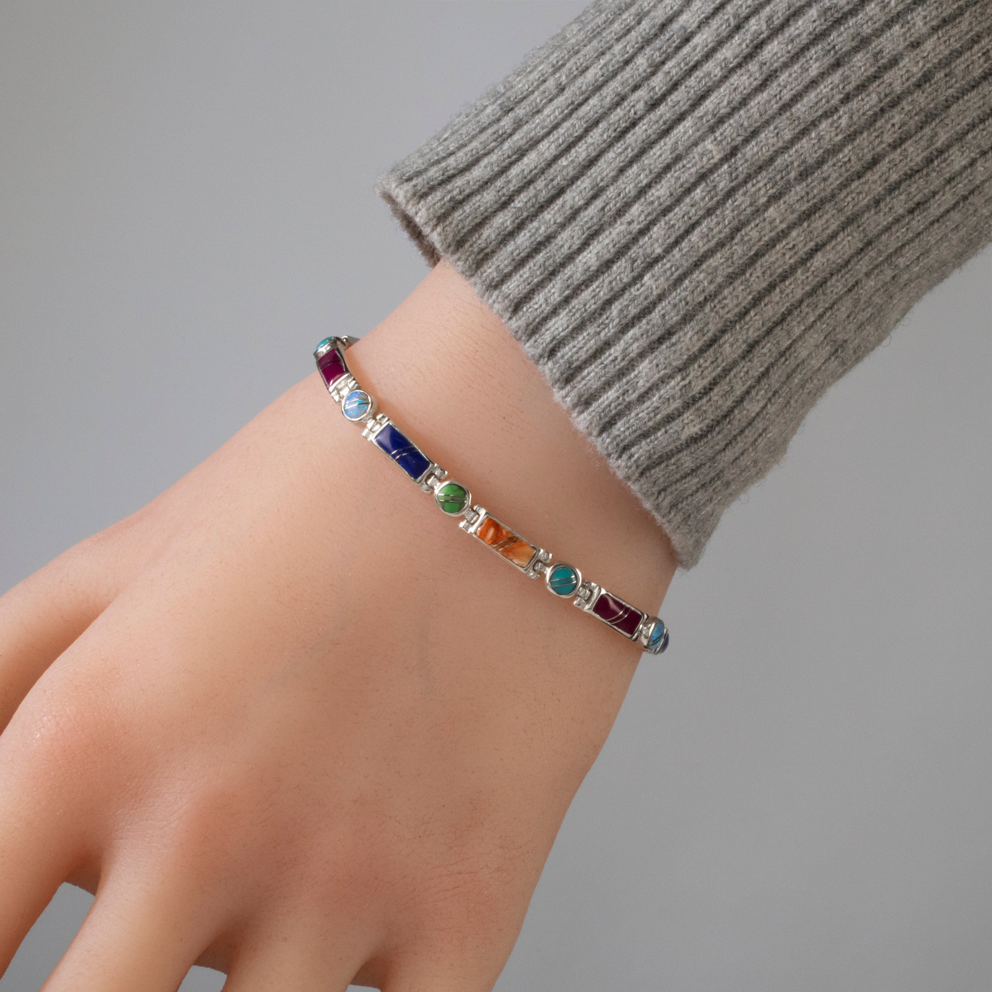 Kalifano Southwest Silver Jewelry Multi Gem 925 Sterling Silver USA Handmade Bracelet NMB.0218.MT