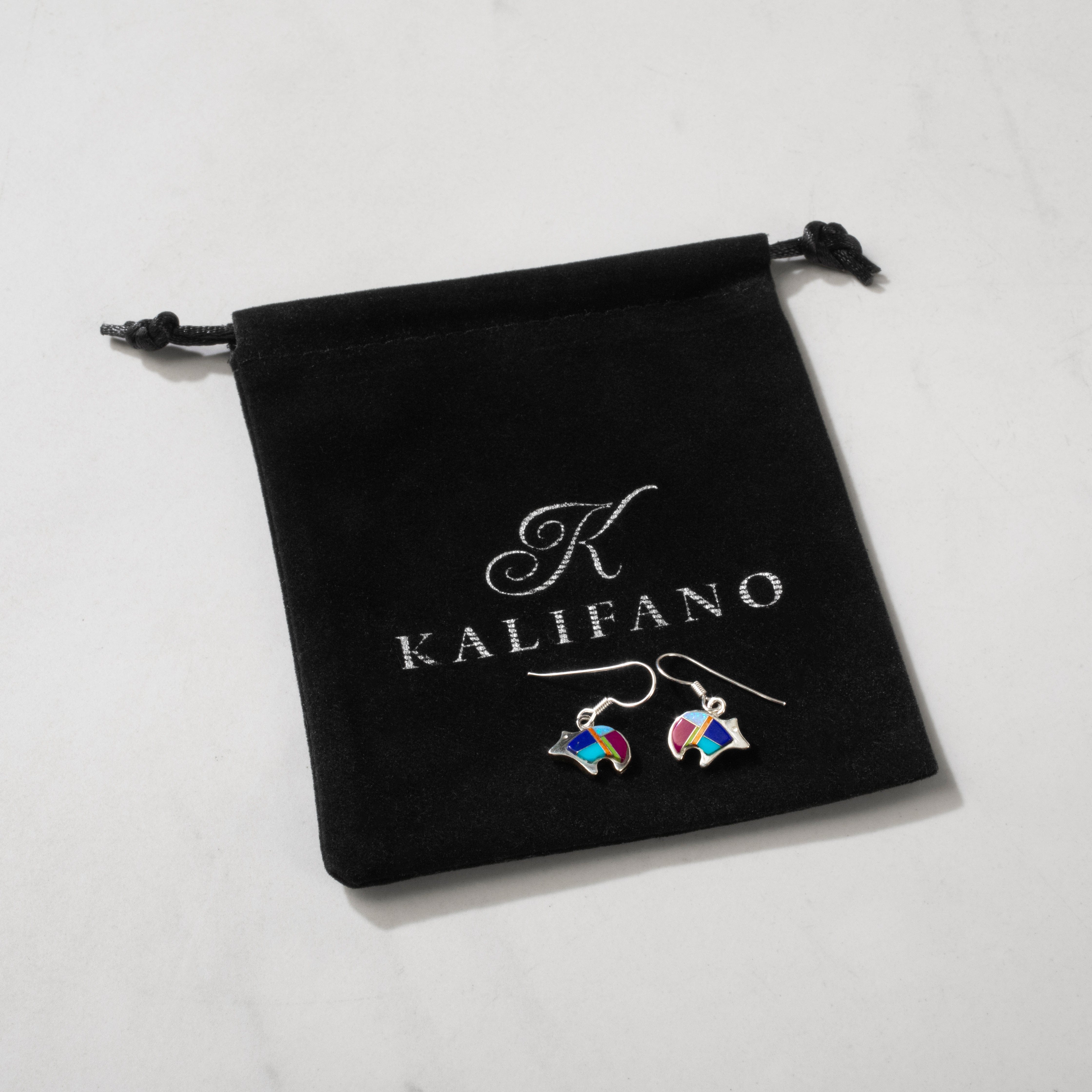 Kalifano Southwest Silver Jewelry Multi Gem Bear 925 Sterling Silver USA Handmade Earrings with French Hook NME.0451.MT
