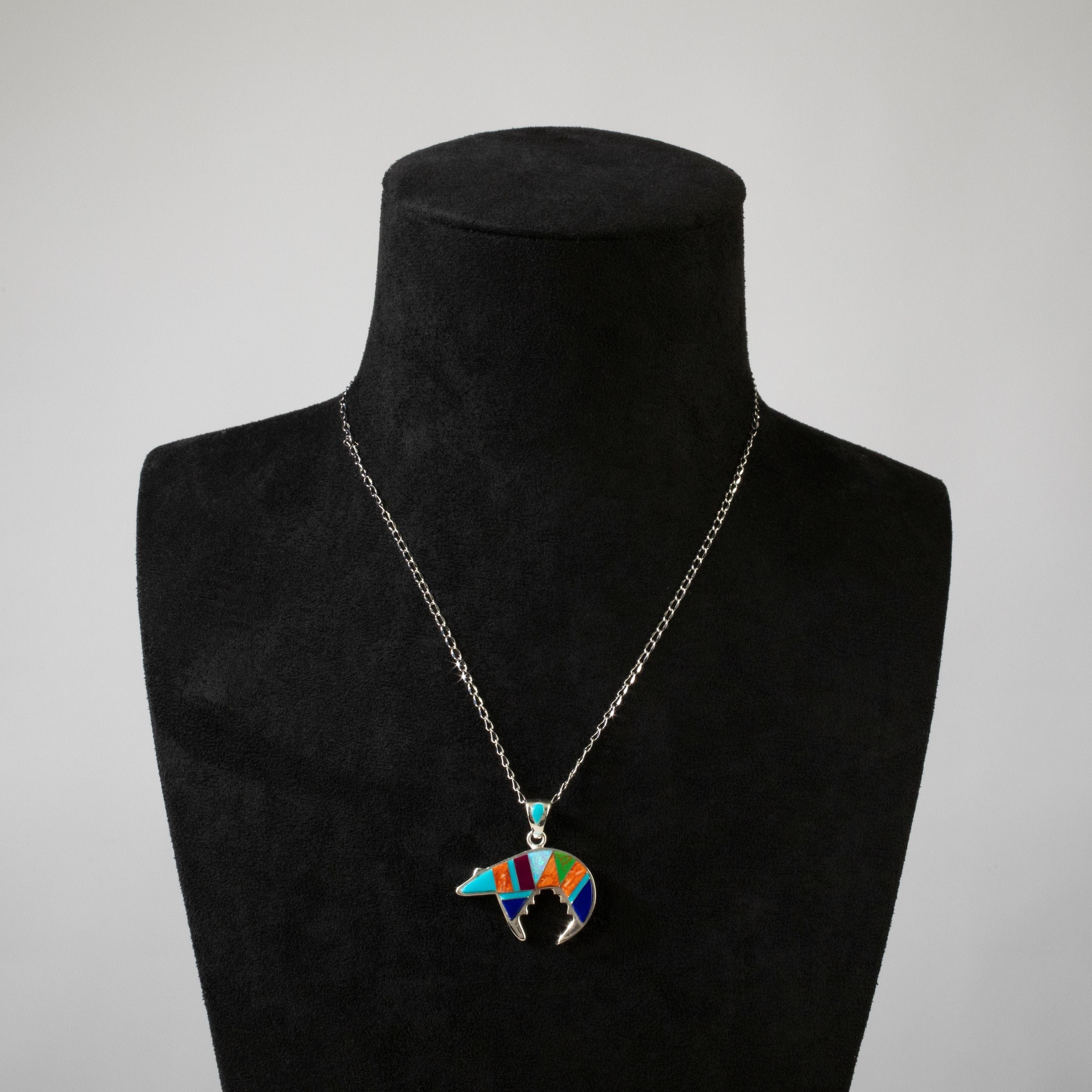 Kalifano Southwest Silver Jewelry Multi Gem Bear 925 Sterling Silver USA Handmade Pendant NMN.0755.MT
