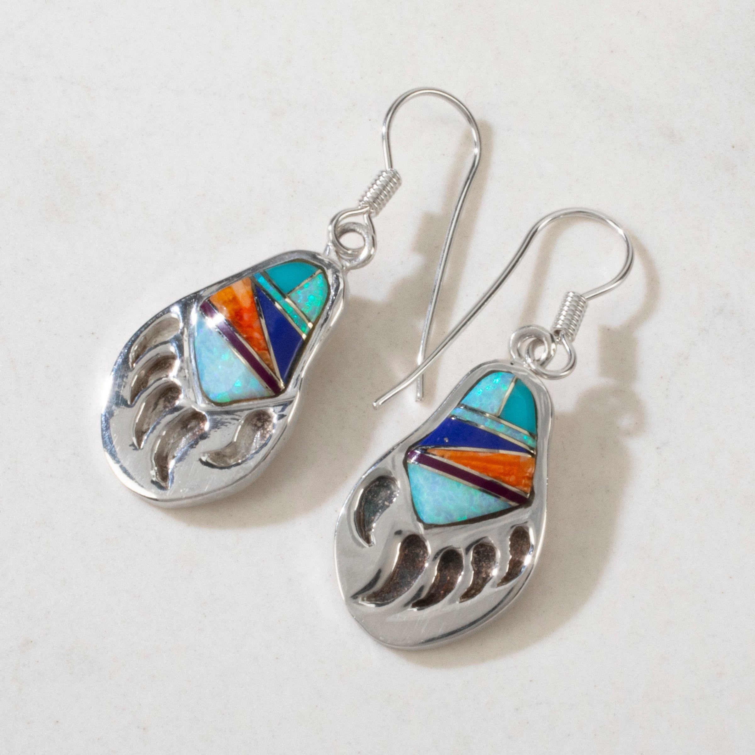 Kalifano Southwest Silver Jewelry Multi Gem Bear Paw USA Handmade 925 Sterling Silver Earrings with French Hook NME.2318.MT