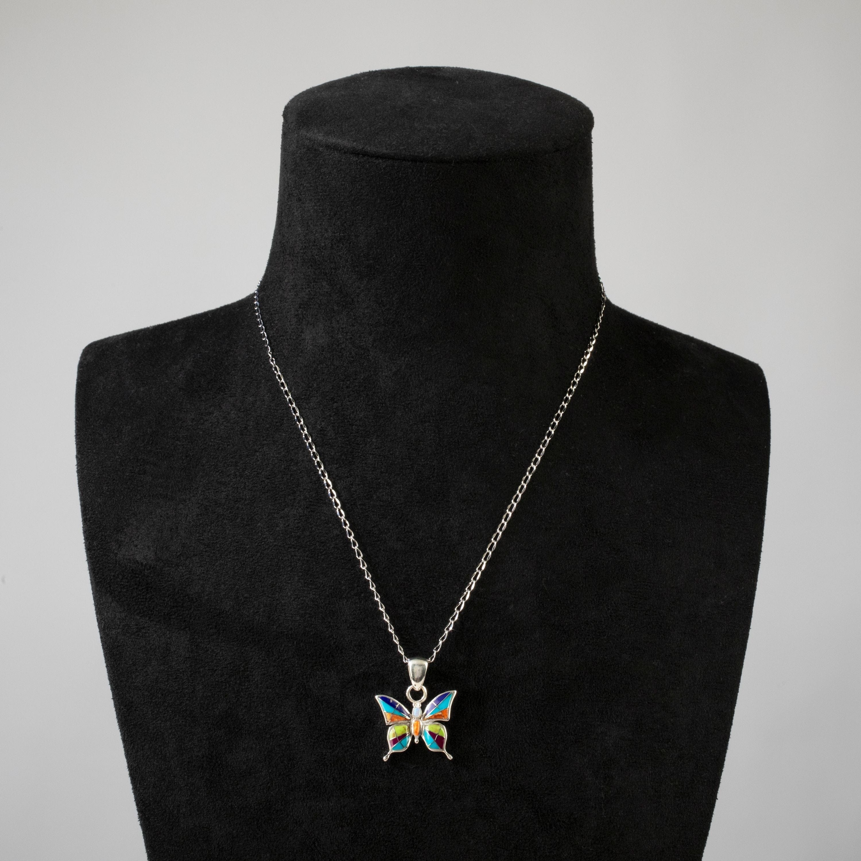 Kalifano Southwest Silver Jewelry Multi Gem Butterfly 925 Sterling Silver USA Handmade Pendant NMN.0889S.MT