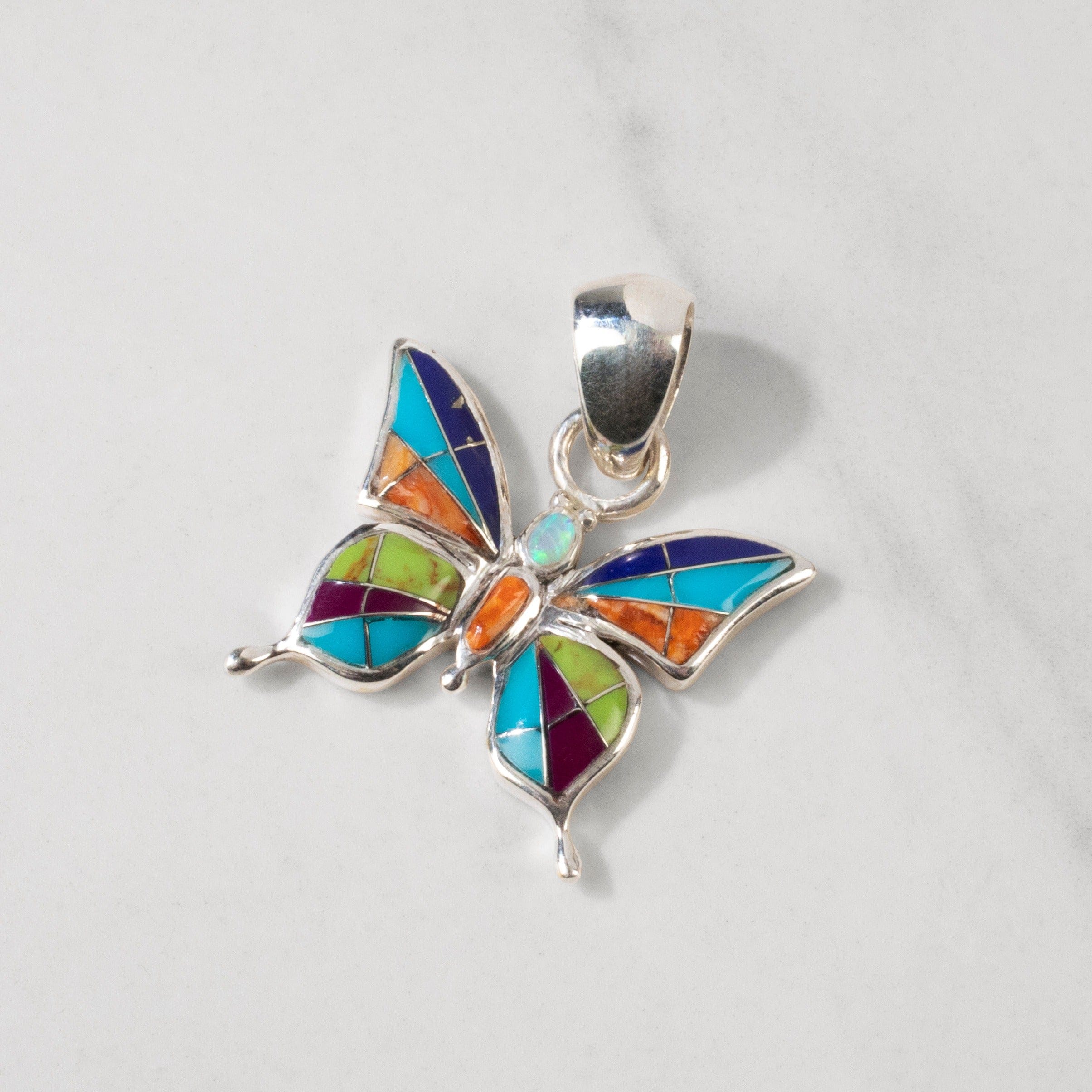 Kalifano Southwest Silver Jewelry Multi Gem Butterfly 925 Sterling Silver USA Handmade Pendant NMN.0889S.MT