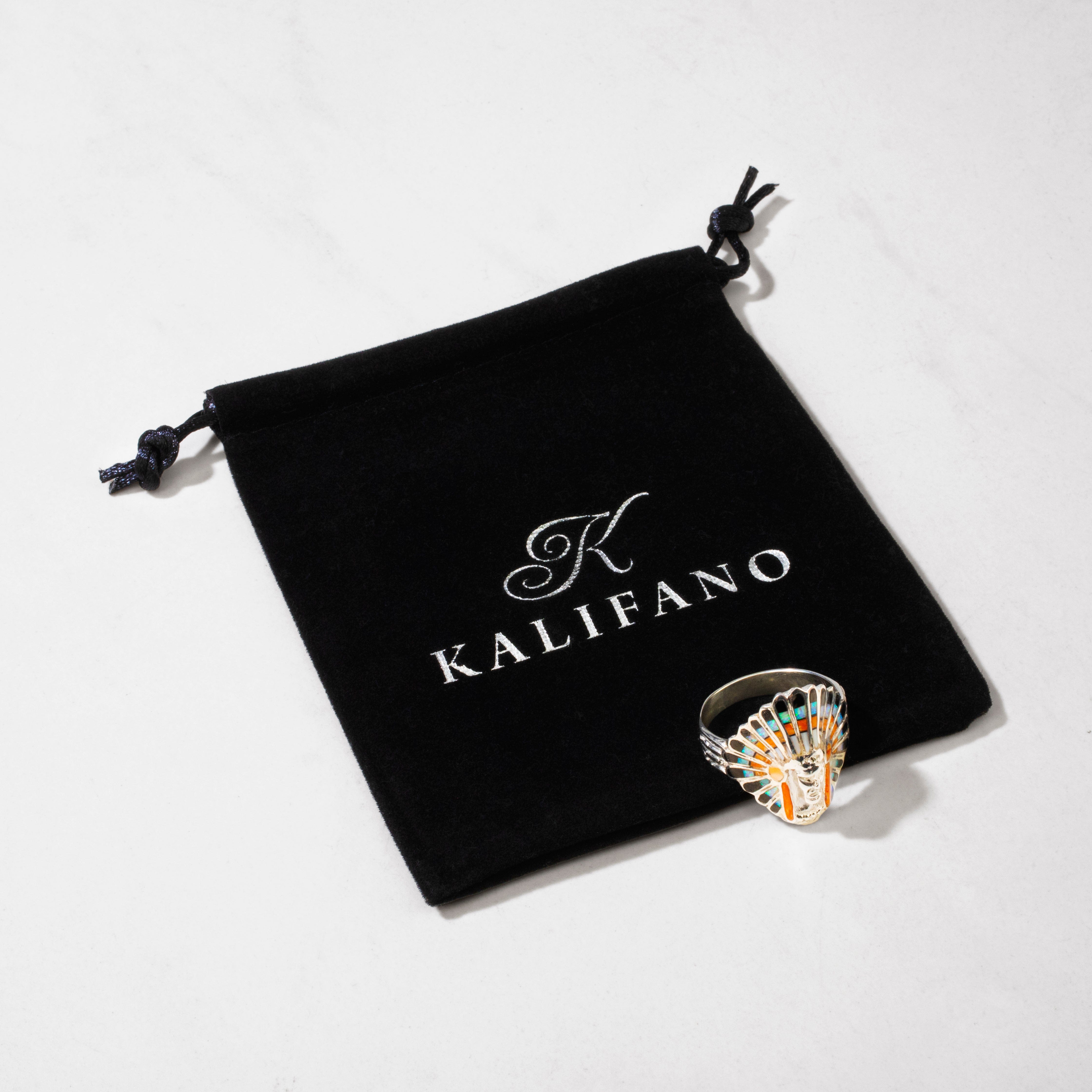 Kalifano Southwest Silver Jewelry Multi Gem Chief Head 925 Sterling Silver Ring USA Handmade with Laboratory Opal Accent