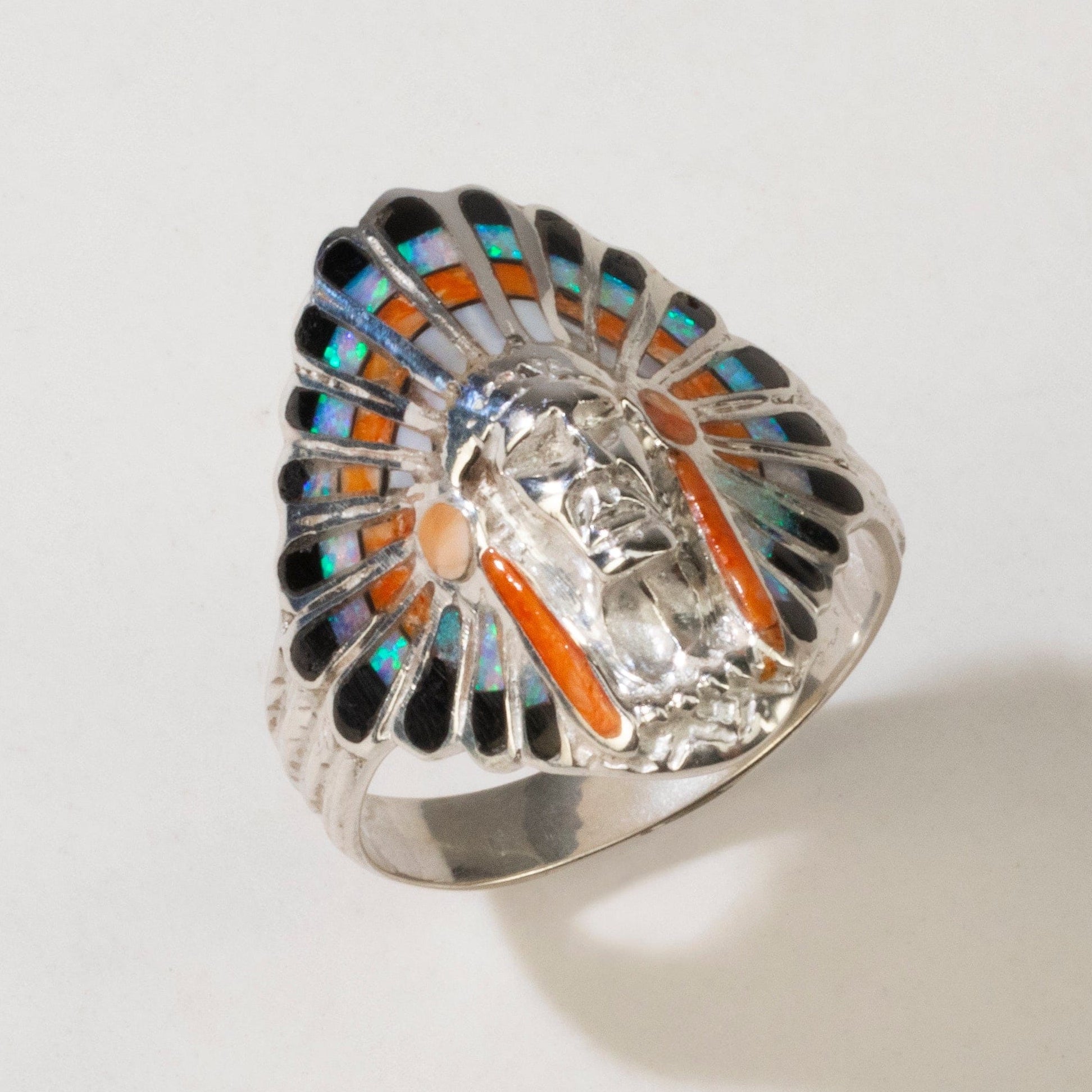 Kalifano Southwest Silver Jewelry Multi Gem Chief Head 925 Sterling Silver Ring USA Handmade with Laboratory Opal Accent