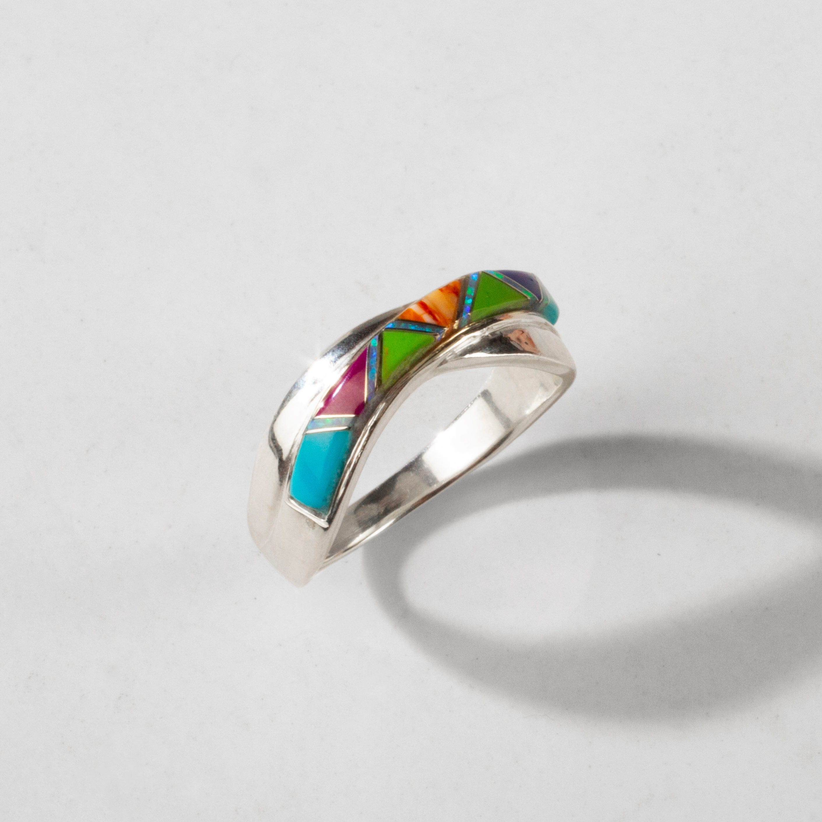 Kalifano Southwest Silver Jewelry Multi Gem Crossover 925 Sterling Silver Ring USA Handmade with Laboratory Opal Accent (Copy)