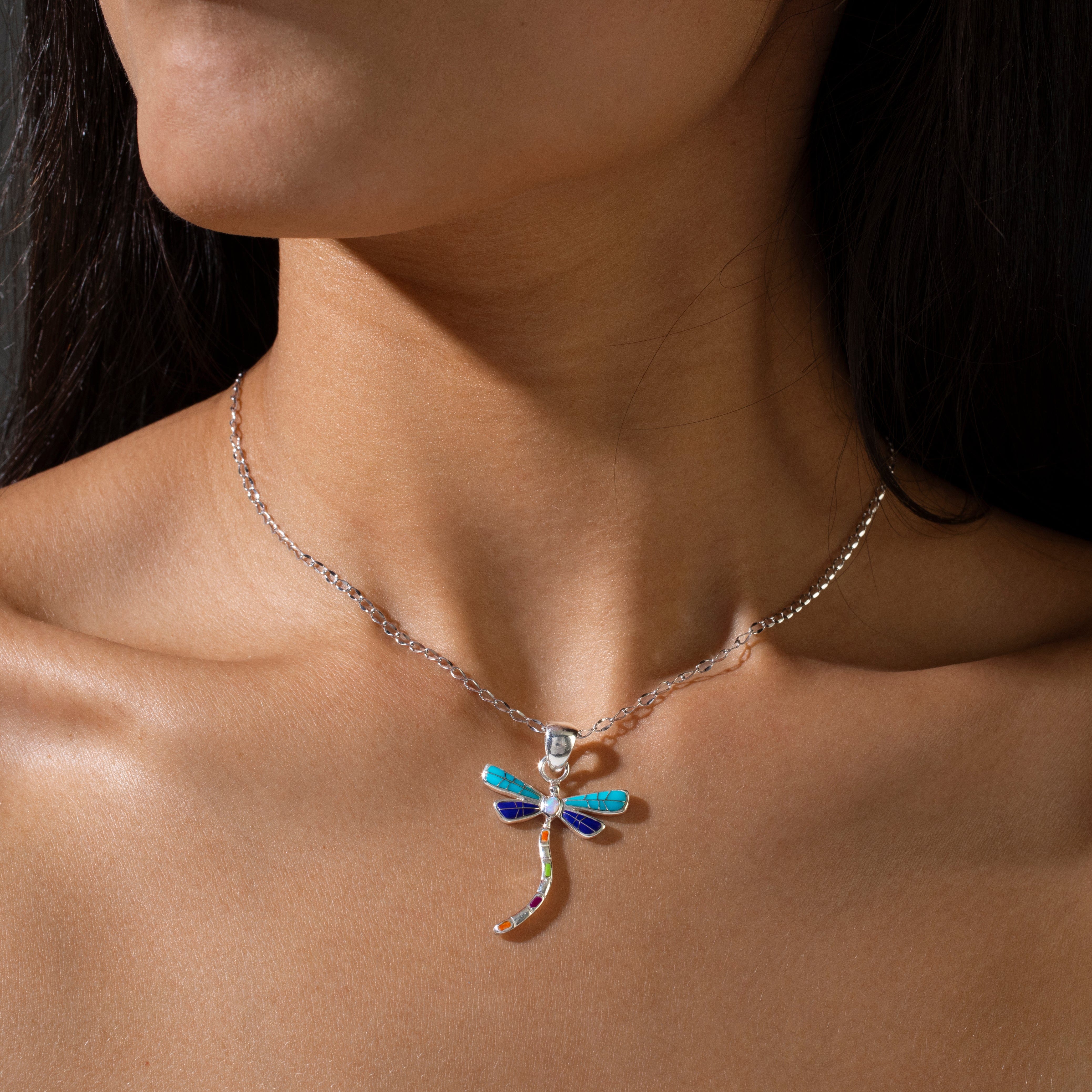 Kalifano Southwest Silver Jewelry Multi Gem Dragonfly USA Handmade 925 Sterling Silver Pendant NMN.0893S.MT