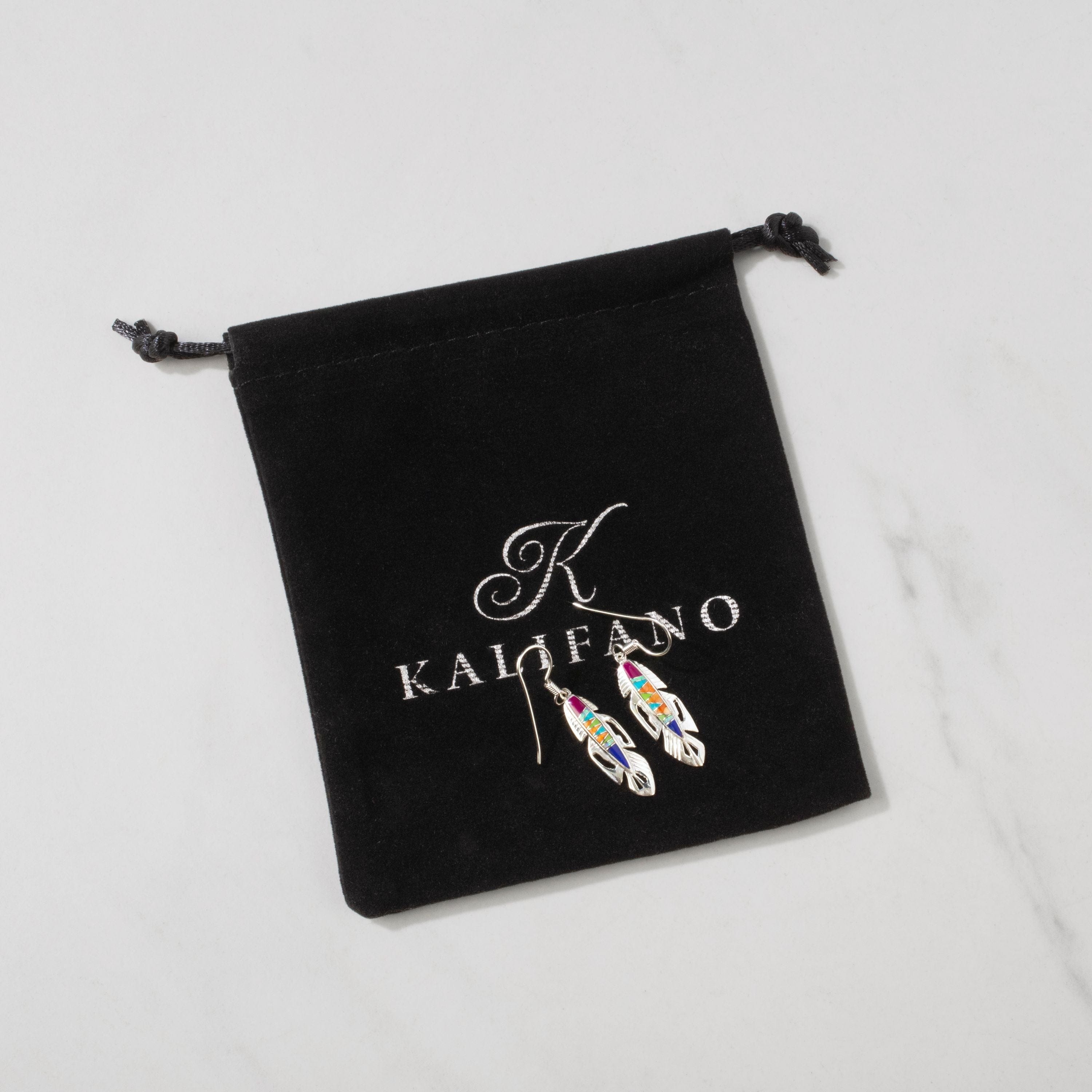 Kalifano Southwest Silver Jewelry Multi Gem Feather 925 Sterling Silver USA Handmade Earring with French Hook NME.2113.MT