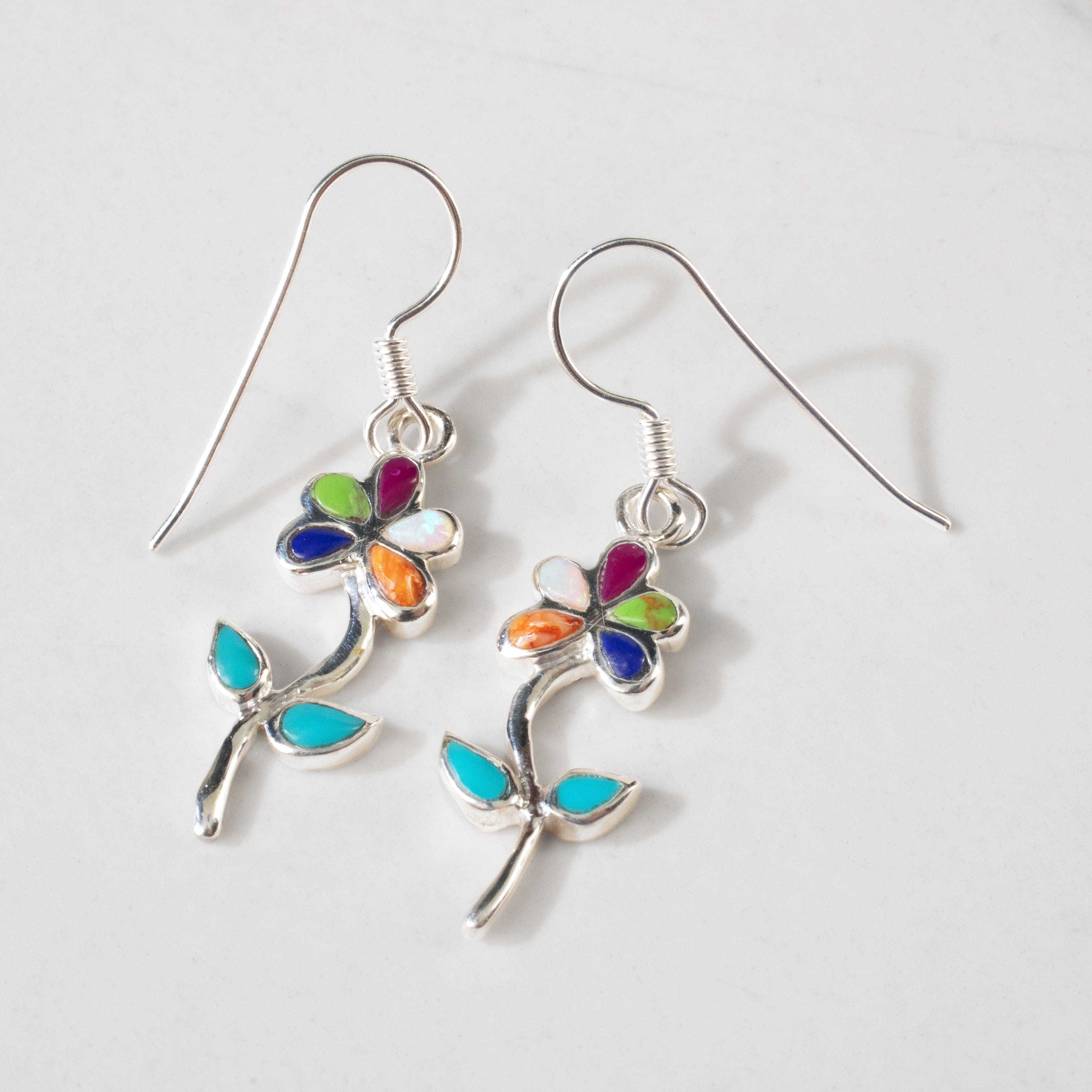 Kalifano Southwest Silver Jewelry Multi Gem Flower 925 Sterling Silver USA Handmade Earring with French Hook NME.2236.MT