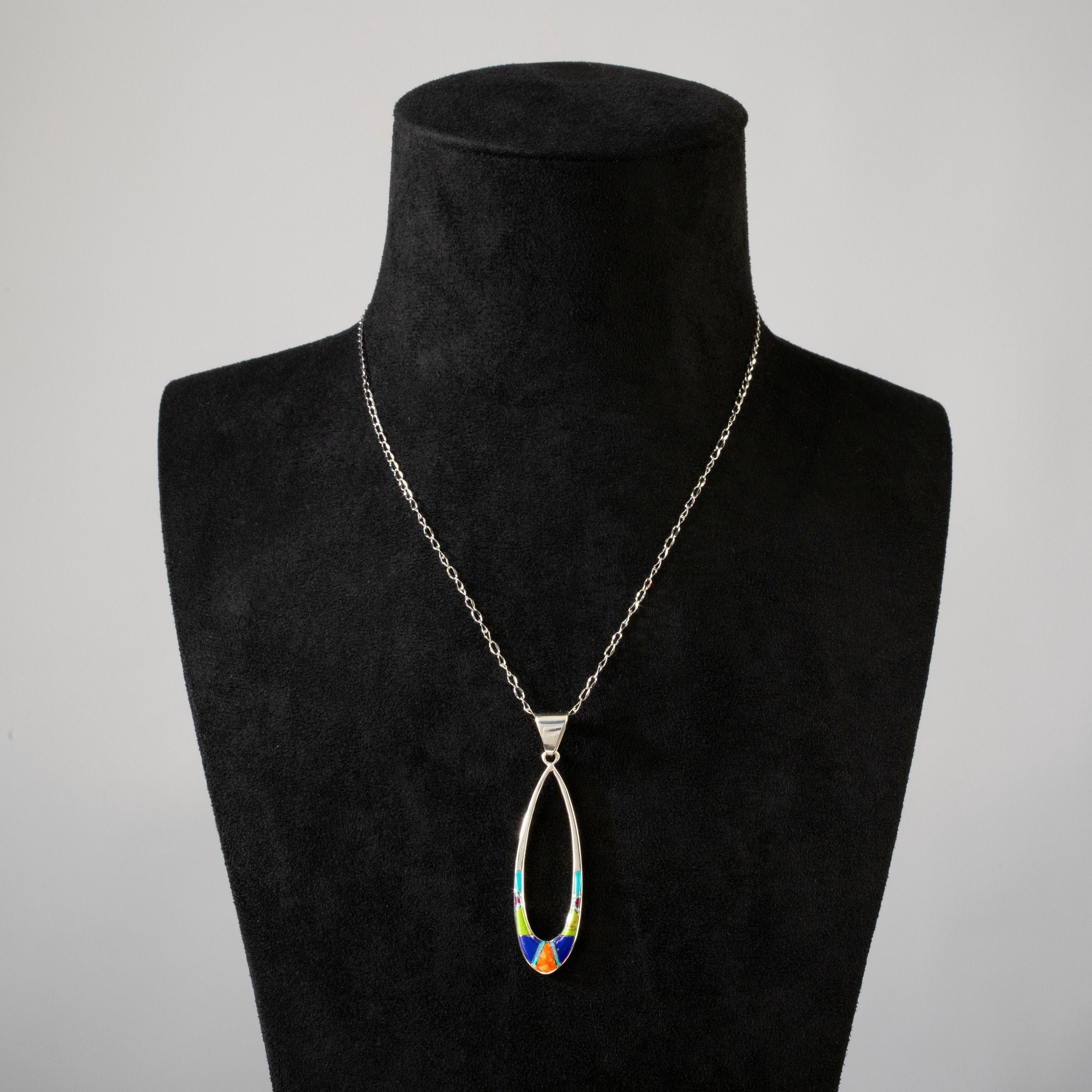 Kalifano Southwest Silver Jewelry Multi Gem Hollow Teardrop 925 Sterling Silver USA Handmade Pendant NMN.2300.MT