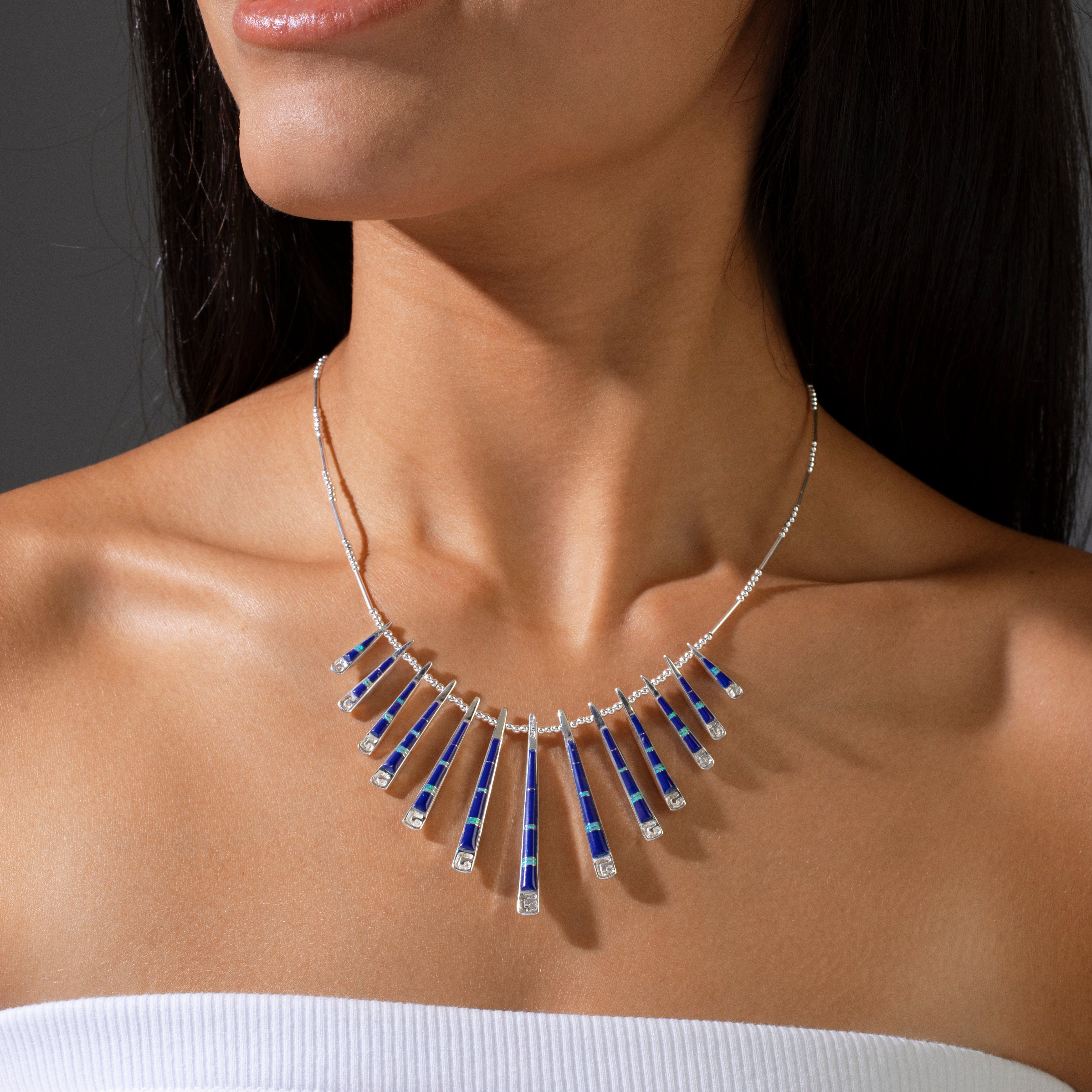 Kalifano Southwest Silver Jewelry Multi Gem & Lapis Reversible USA Handmade 925 Sterling Silver Necklace NMN.0905.MTLP