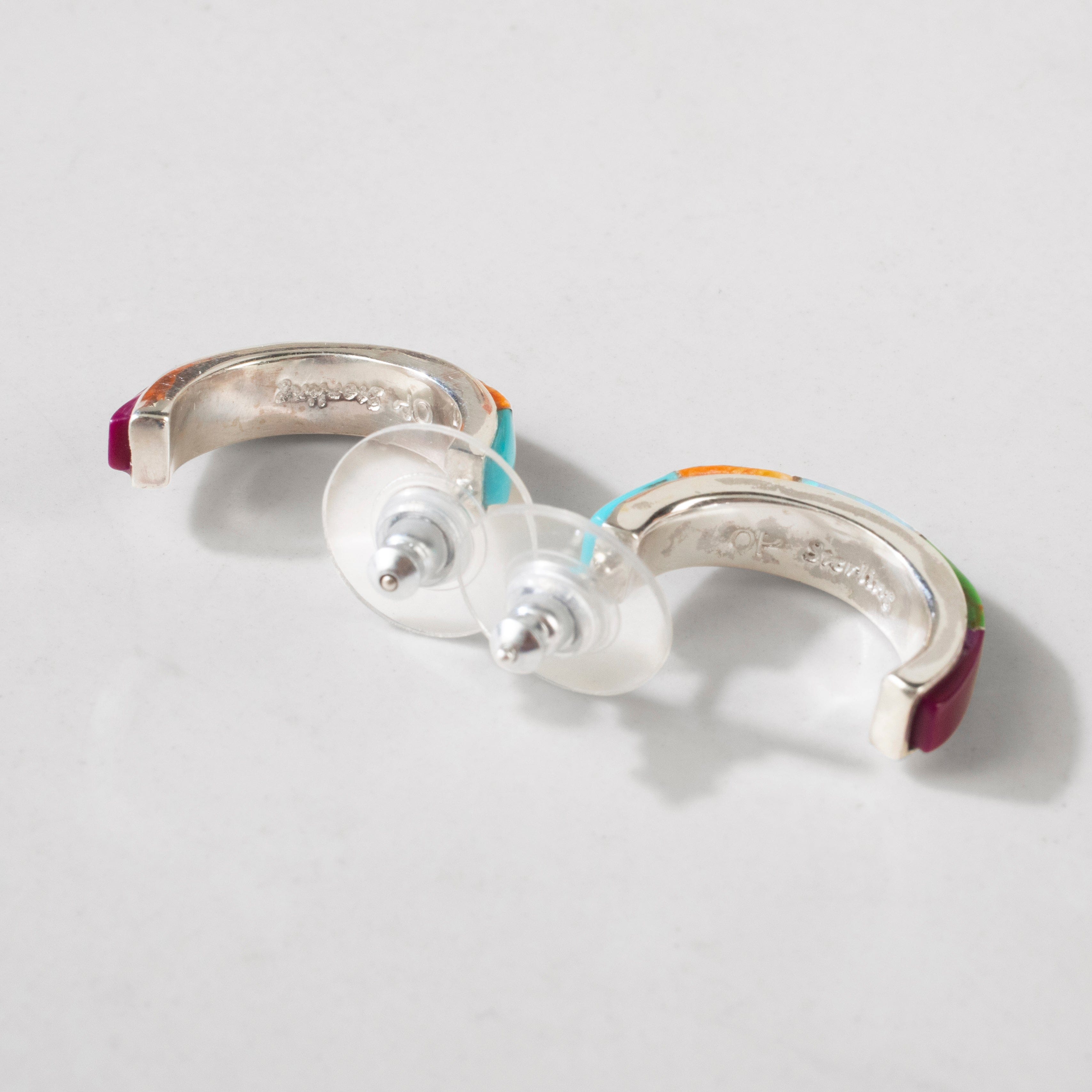 Kalifano Southwest Silver Jewelry Multi Gem Semi Hoop USA Handmade 925 Sterling Silver Earrings with Stud Backing NME.0401.MT