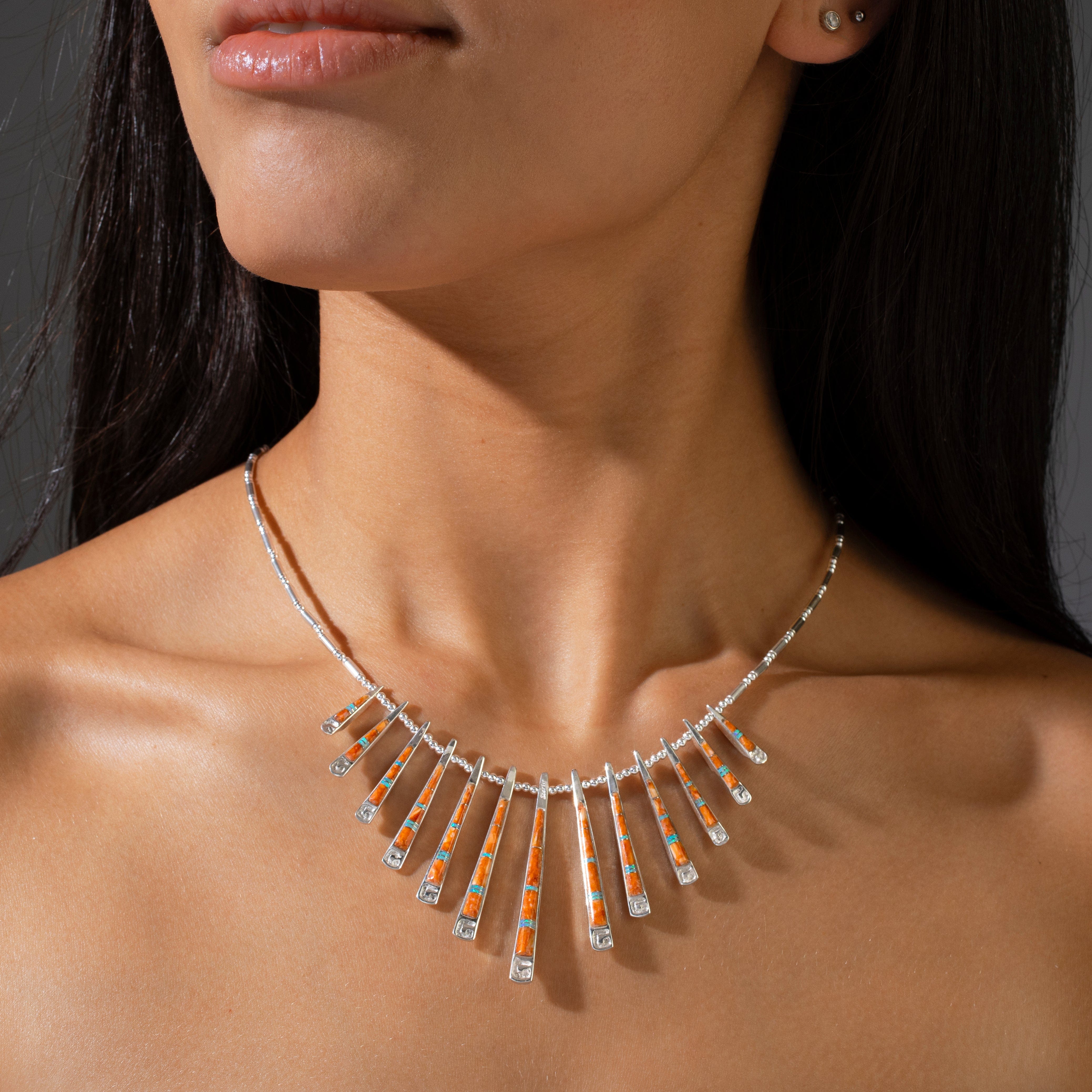 Kalifano Southwest Silver Jewelry Multi Gem & Spiny Oyster Shell Reversible USA Handmade 925 Sterling Silver Necklace NMN.0905.MTSP