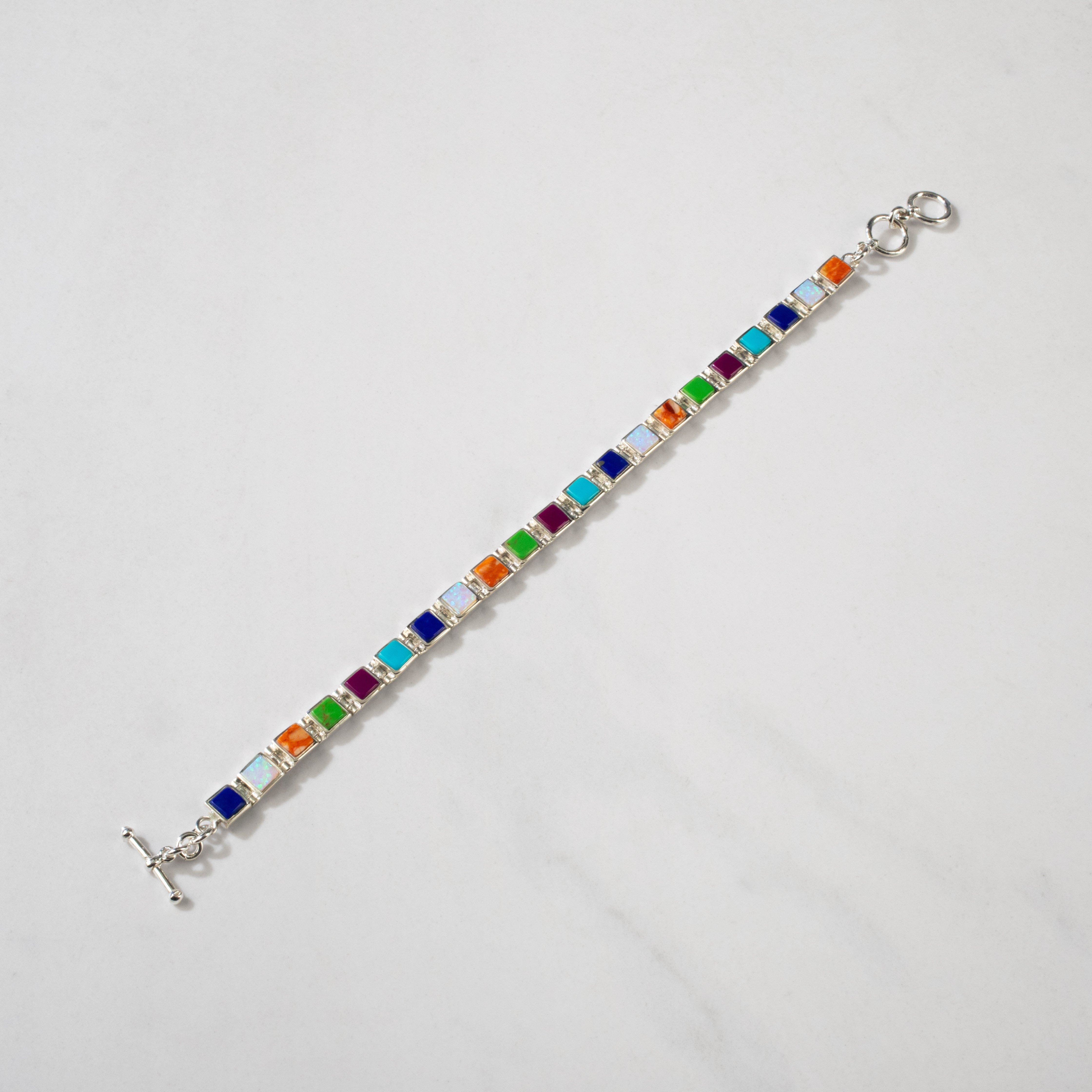 Kalifano Southwest Silver Jewelry Multi Gem Square 925 Sterling Silver Bracelet NMB.0213.MT