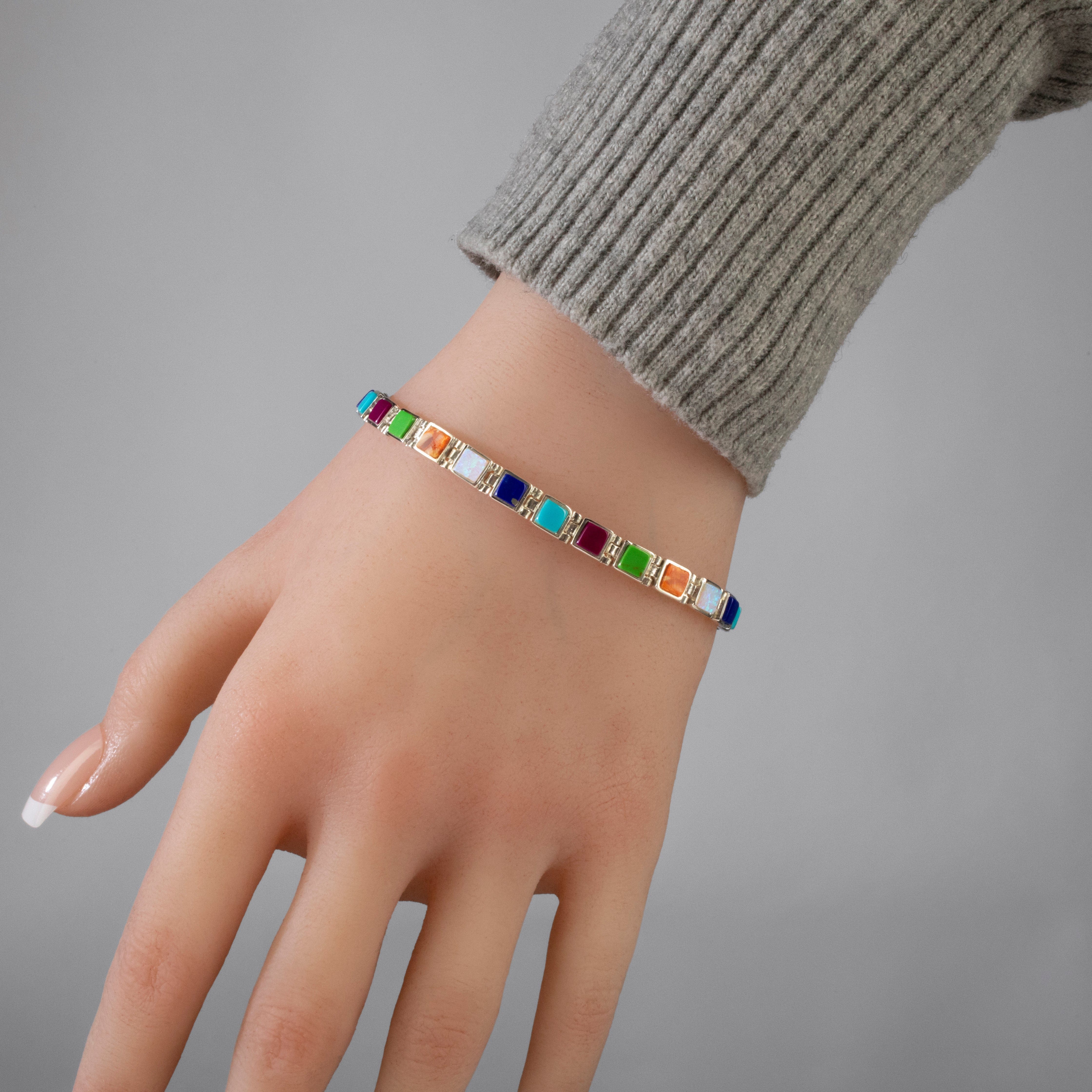 Kalifano Southwest Silver Jewelry Multi Gem Square 925 Sterling Silver Bracelet NMB.0213.MT