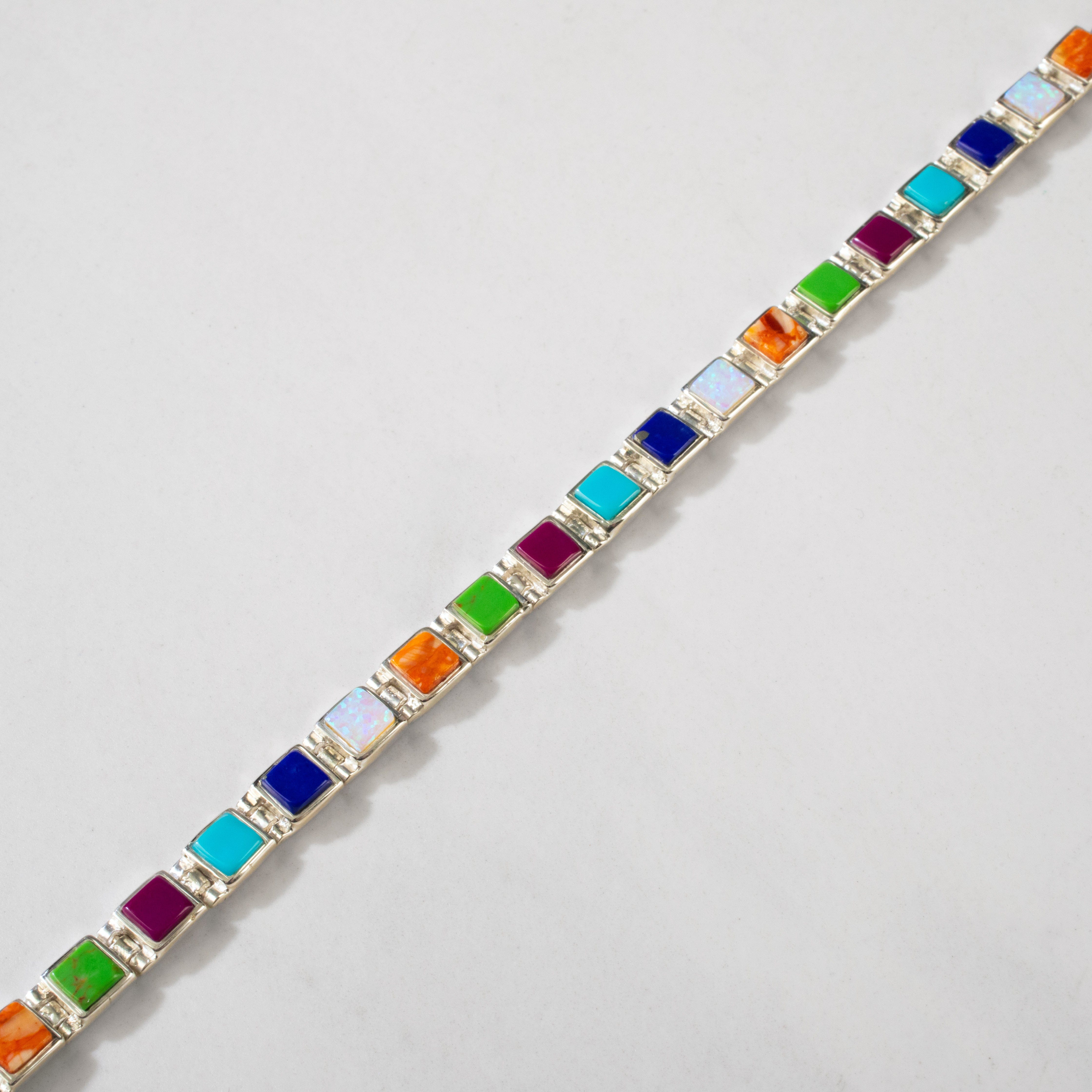 Kalifano Southwest Silver Jewelry Multi Gem Square 925 Sterling Silver Bracelet NMB.0213.MT