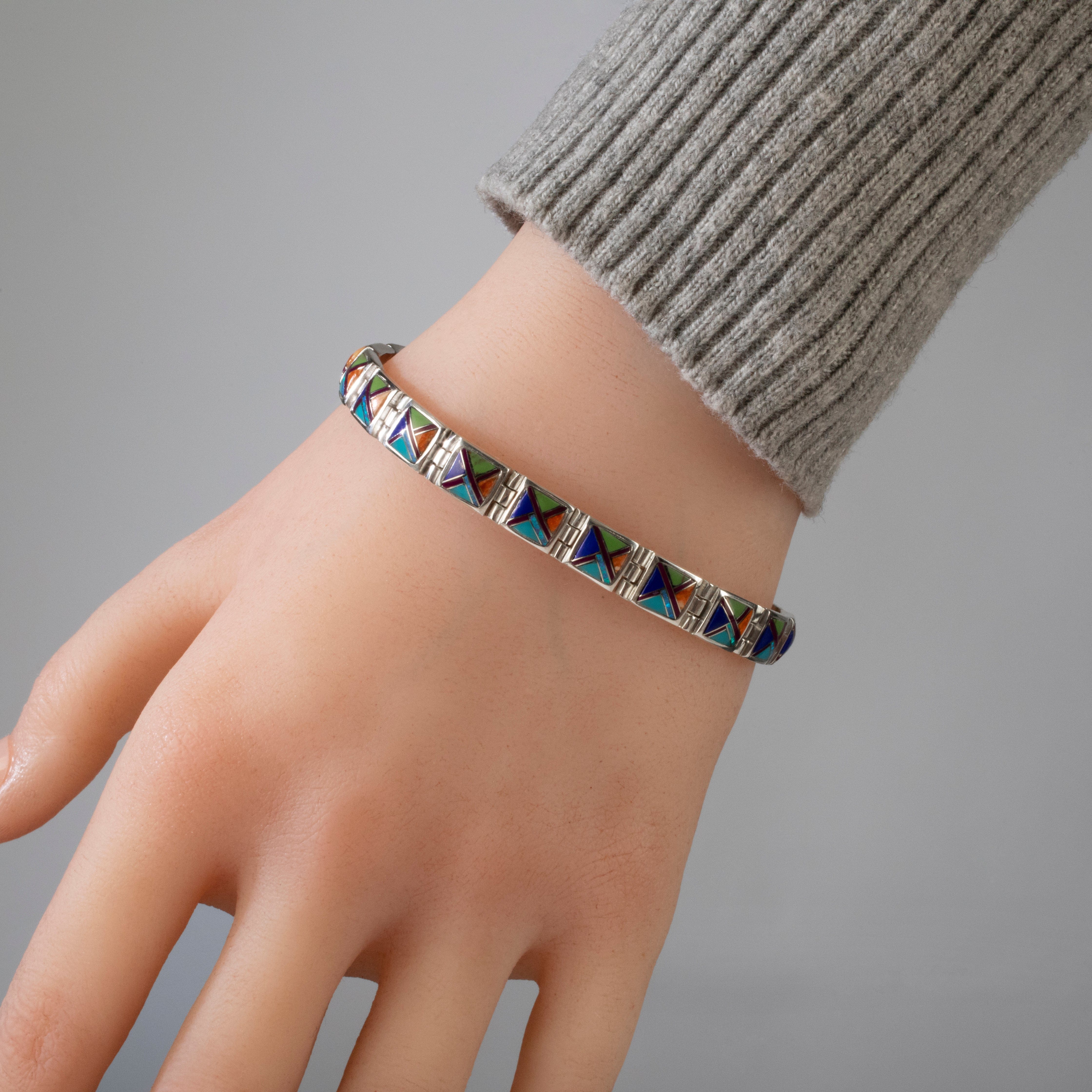 Kalifano Southwest Silver Jewelry Multi Gem Square 925 sterling Silver USA Handmade Bracelet NMB.0245.MT