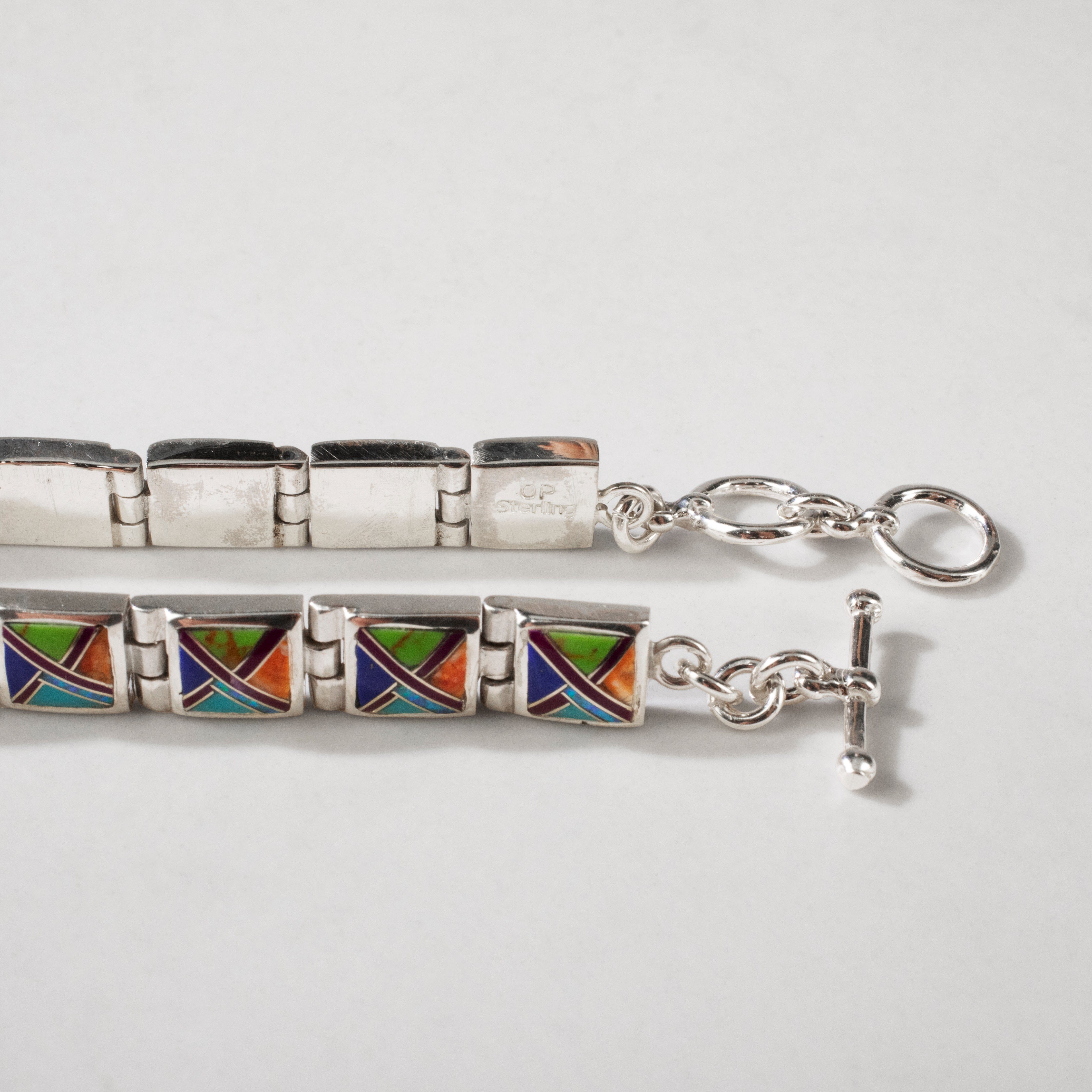 Kalifano Southwest Silver Jewelry Multi Gem Square 925 sterling Silver USA Handmade Bracelet NMB.0245.MT