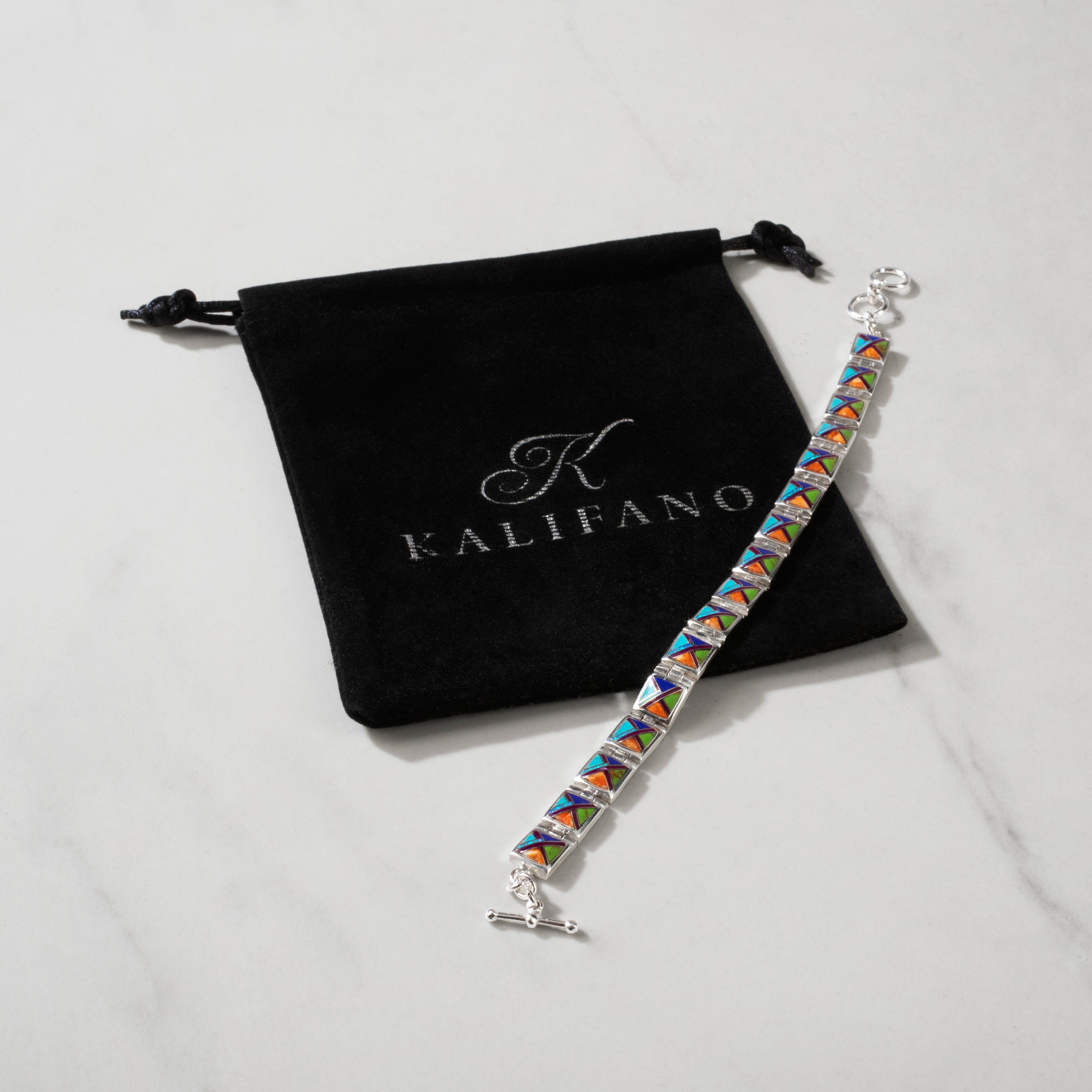 Kalifano Southwest Silver Jewelry Multi Gem Square 925 sterling Silver USA Handmade Bracelet NMB.0245.MT