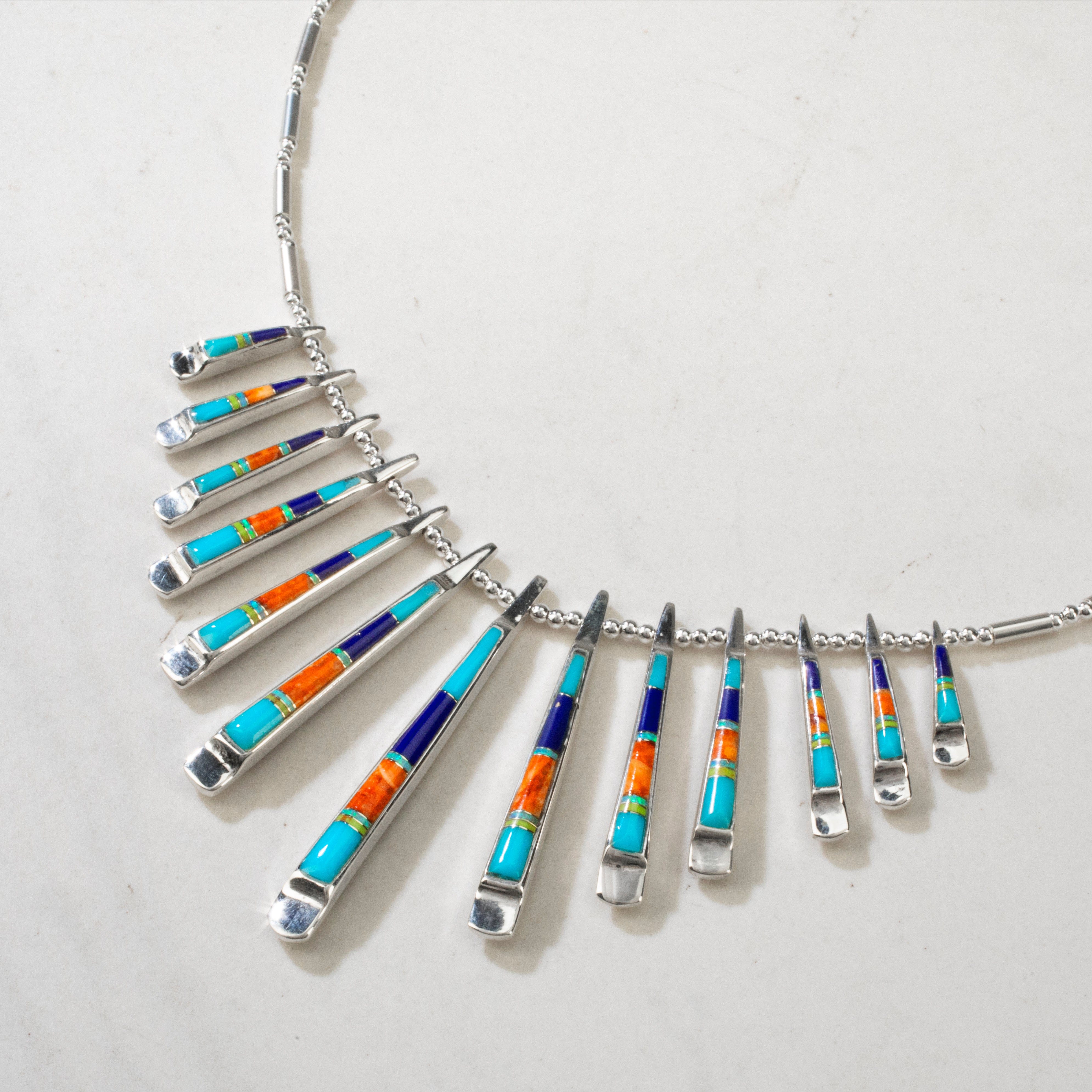Kalifano Southwest Silver Jewelry Multi Gem & Tiger Eye Reversible USA Handmade 925 Sterling Silver Necklace NMN.0905.MTTE