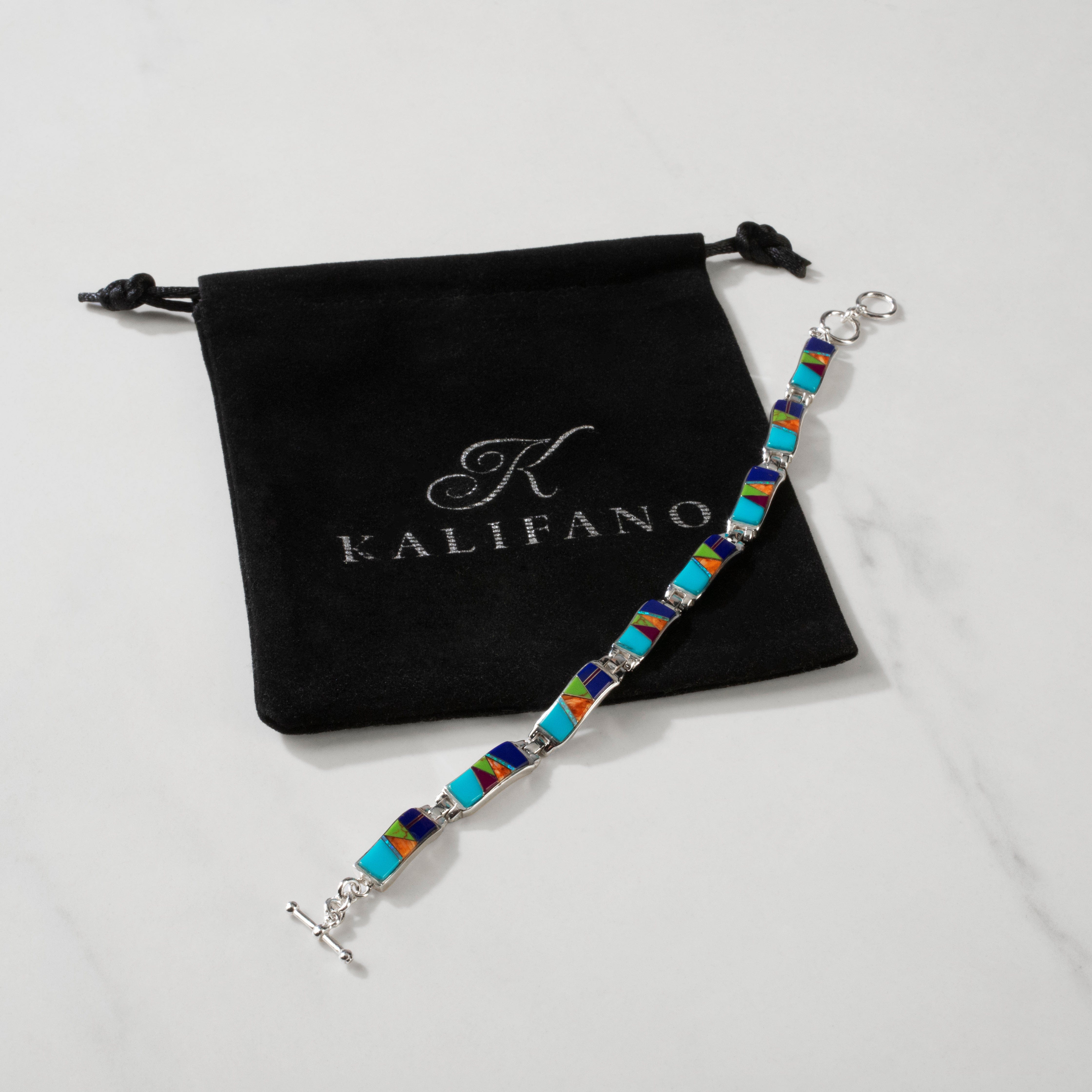 Kalifano Southwest Silver Jewelry Multi Gem Wavy 925 Sterling Silver Bracelet USA Handmade with Opal Accent NMB.0764.MT