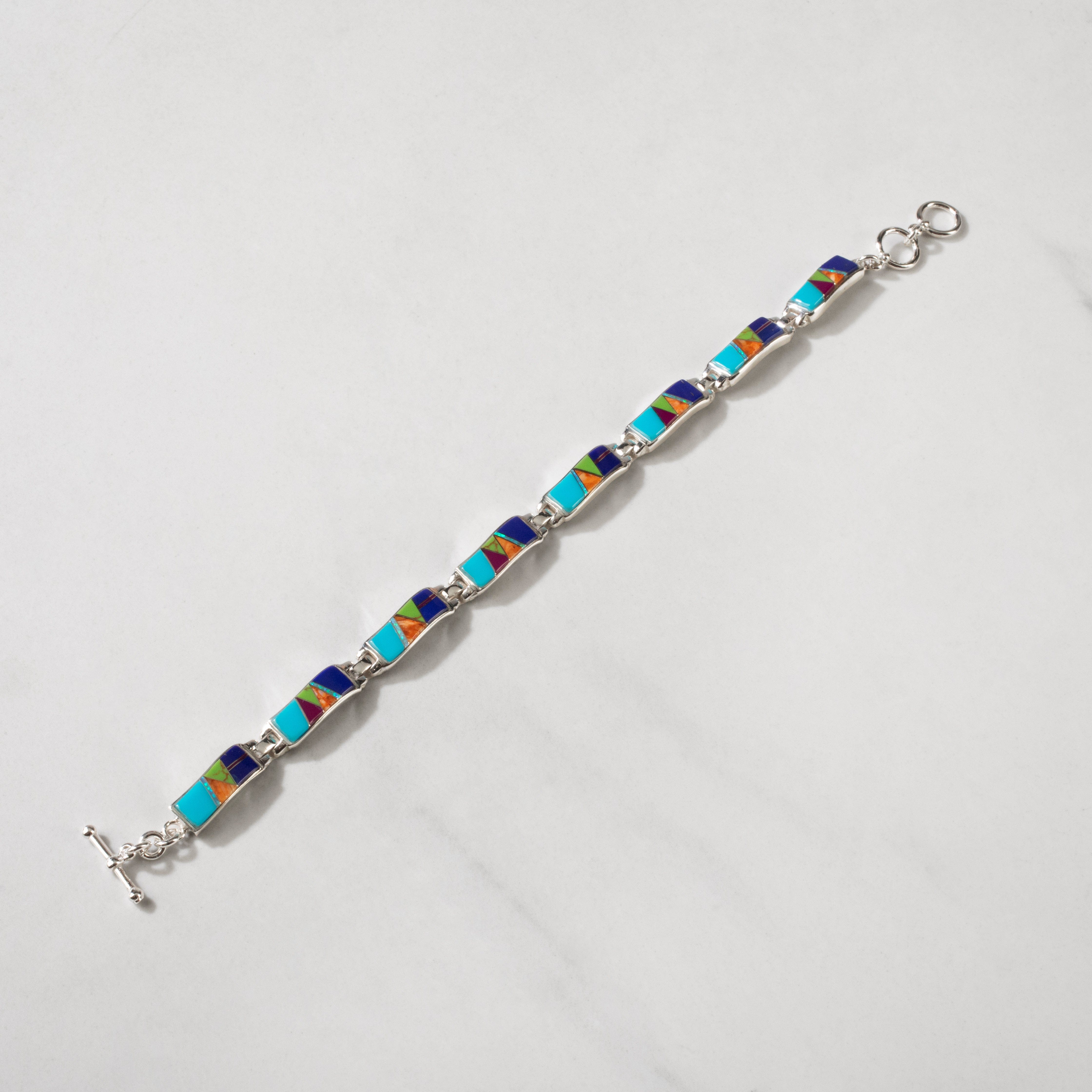 Kalifano Southwest Silver Jewelry Multi Gem Wavy 925 Sterling Silver Bracelet USA Handmade with Opal Accent NMB.0764.MT