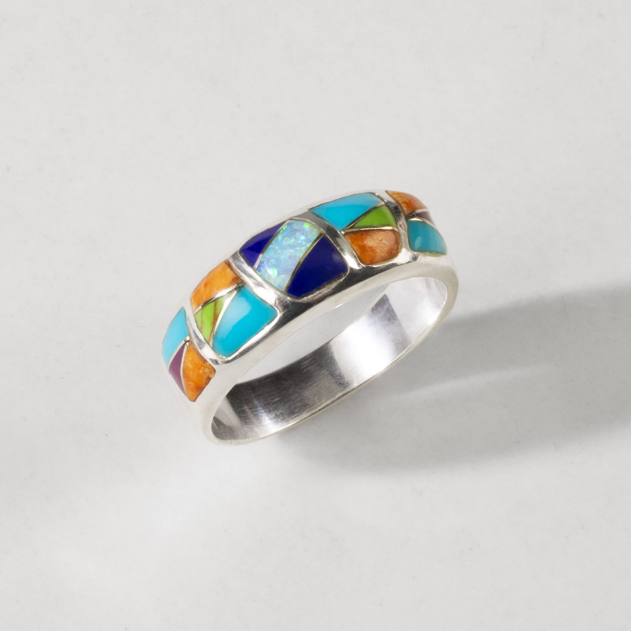 Kalifano Southwest Silver Jewelry Multi Gemstone 925 Sterling Silver Ring Handmade with Laboratory Opal Accent