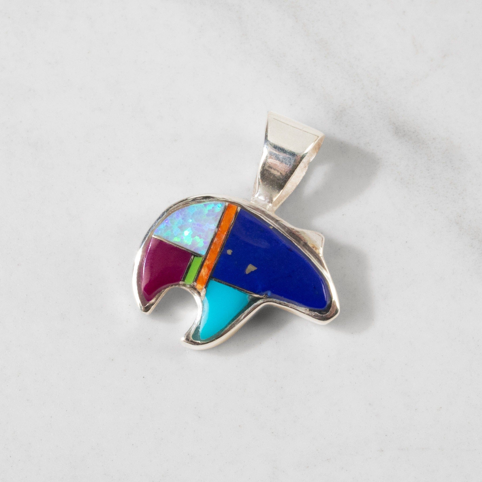 Kalifano Southwest Silver Jewelry Multi Gemstone Bear 925 Sterling Silver USA Handmade Pendant NMN.0466.MT