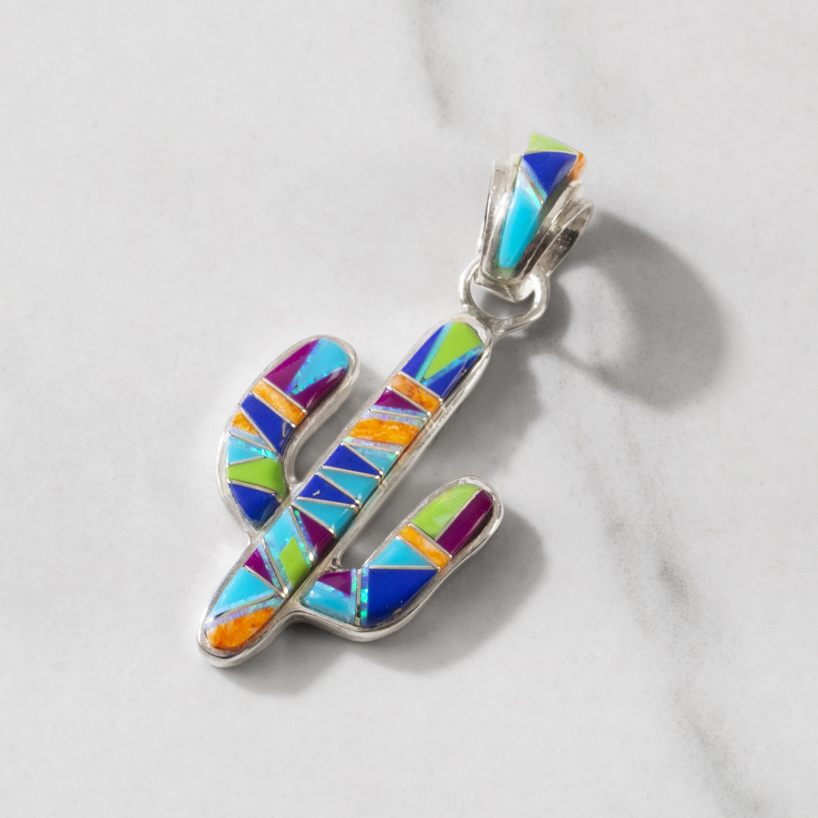 Kalifano Southwest Silver Jewelry Multi Gemstone Cactus 925 Sterling Silver USA Handmade Pendant NMN.0602.MT