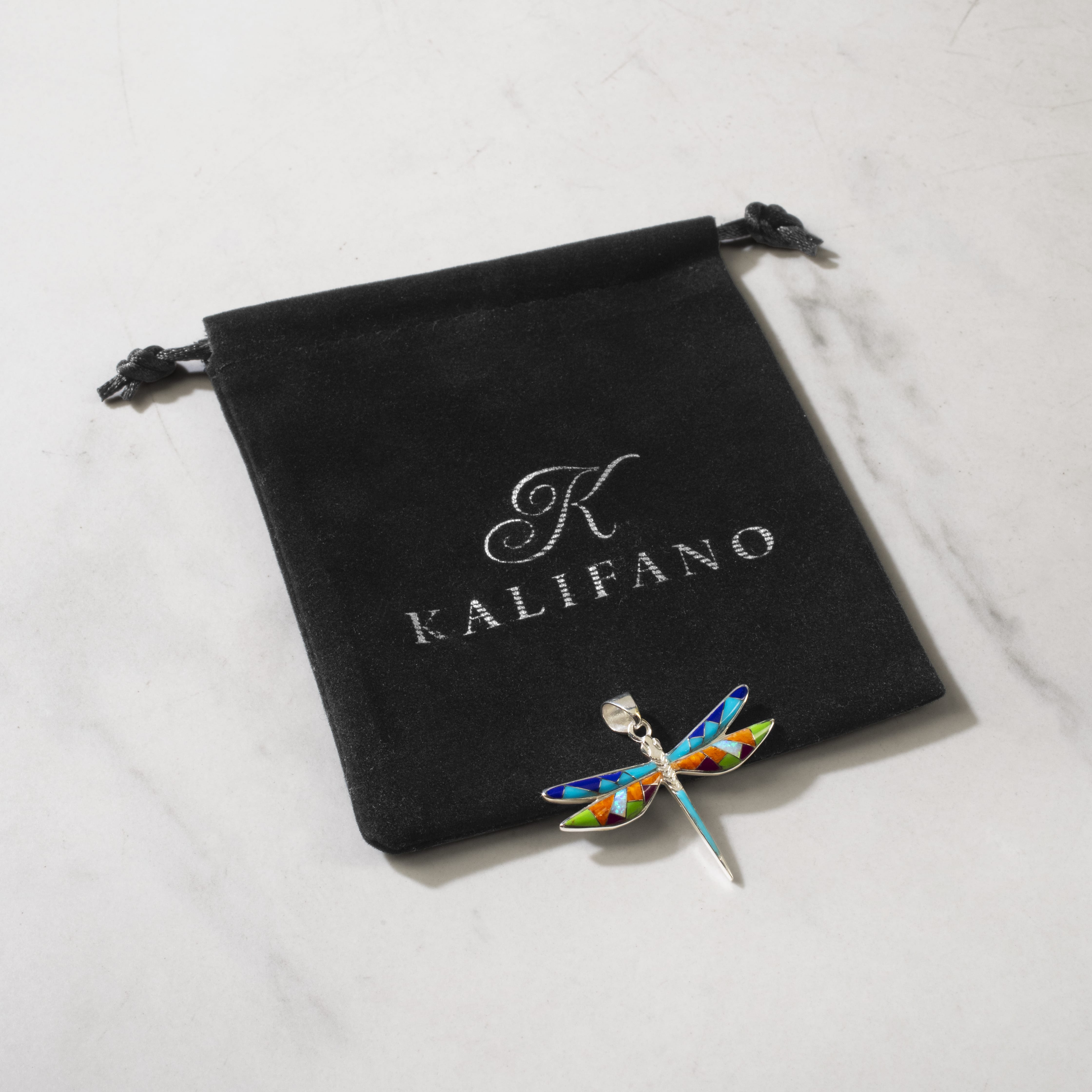 Kalifano Southwest Silver Jewelry Multi Gemstone Dragonfly 925 Sterling Silver Pendant USA Handmade with Opal Accent NMN.2296.MT