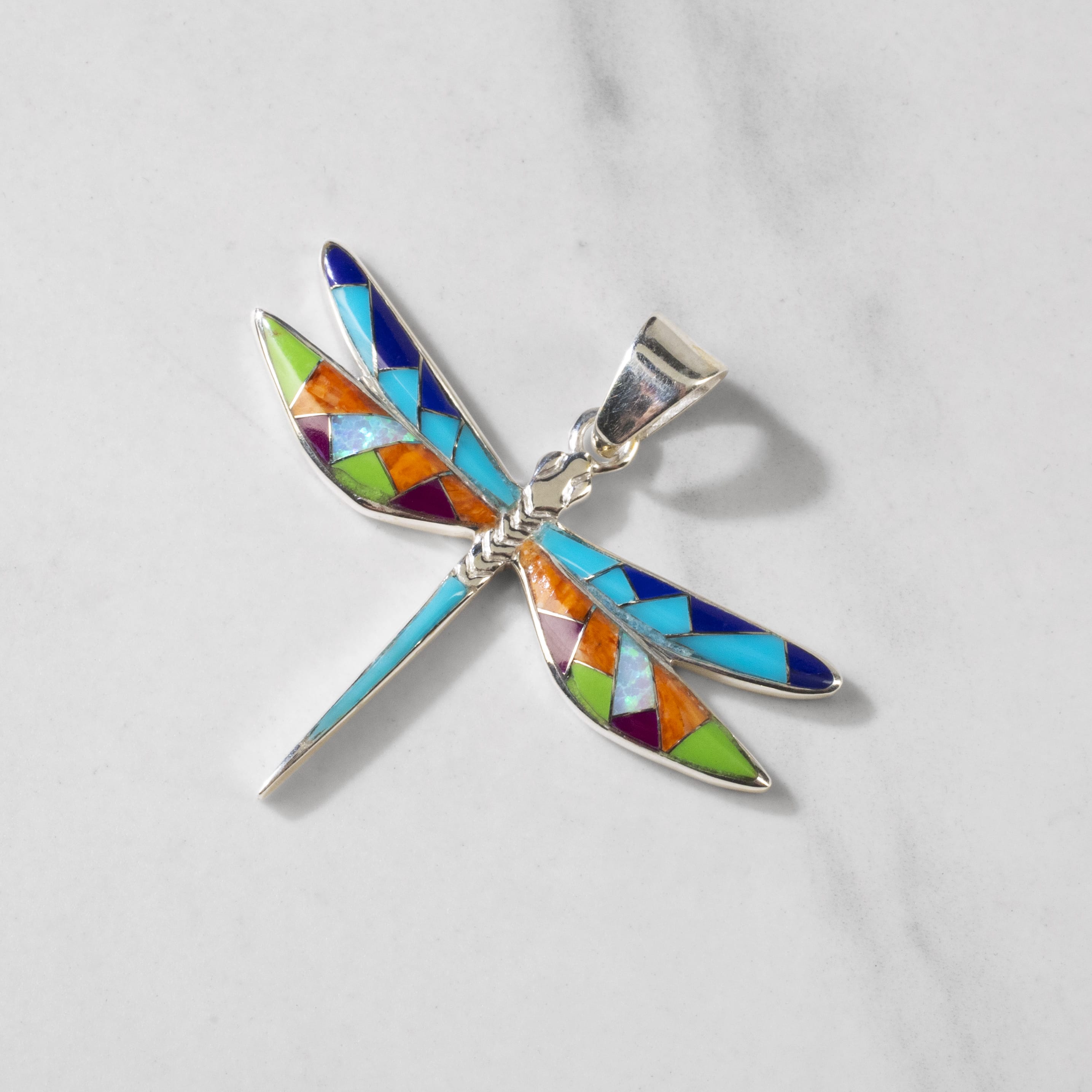 Kalifano Southwest Silver Jewelry Multi Gemstone Dragonfly 925 Sterling Silver Pendant USA Handmade with Opal Accent NMN.2296.MT