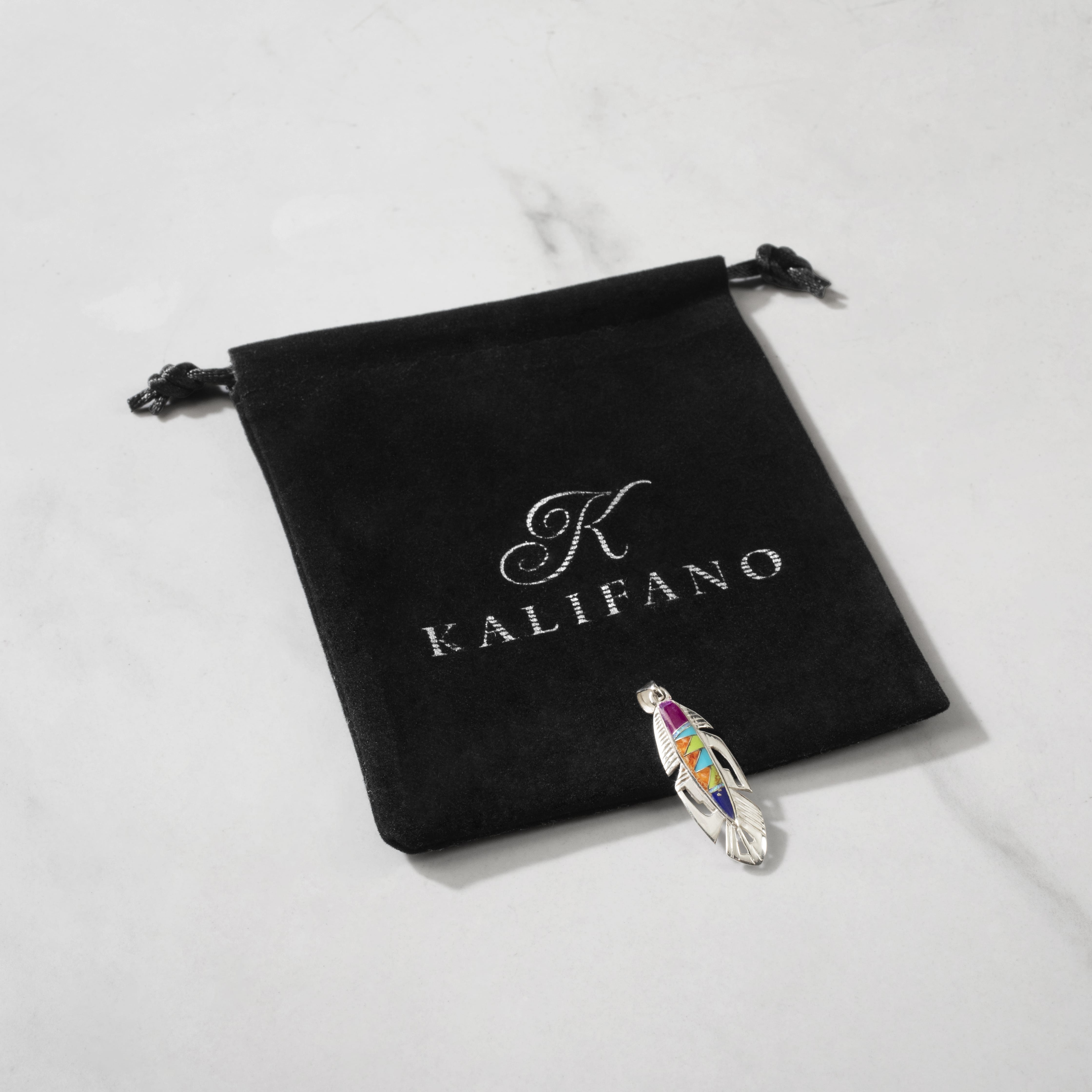 Kalifano Southwest Silver Jewelry Multi Gemstone Feather 925 Sterling Silver Pendant USA Handmade with Opal Accent NMN.2113.MT