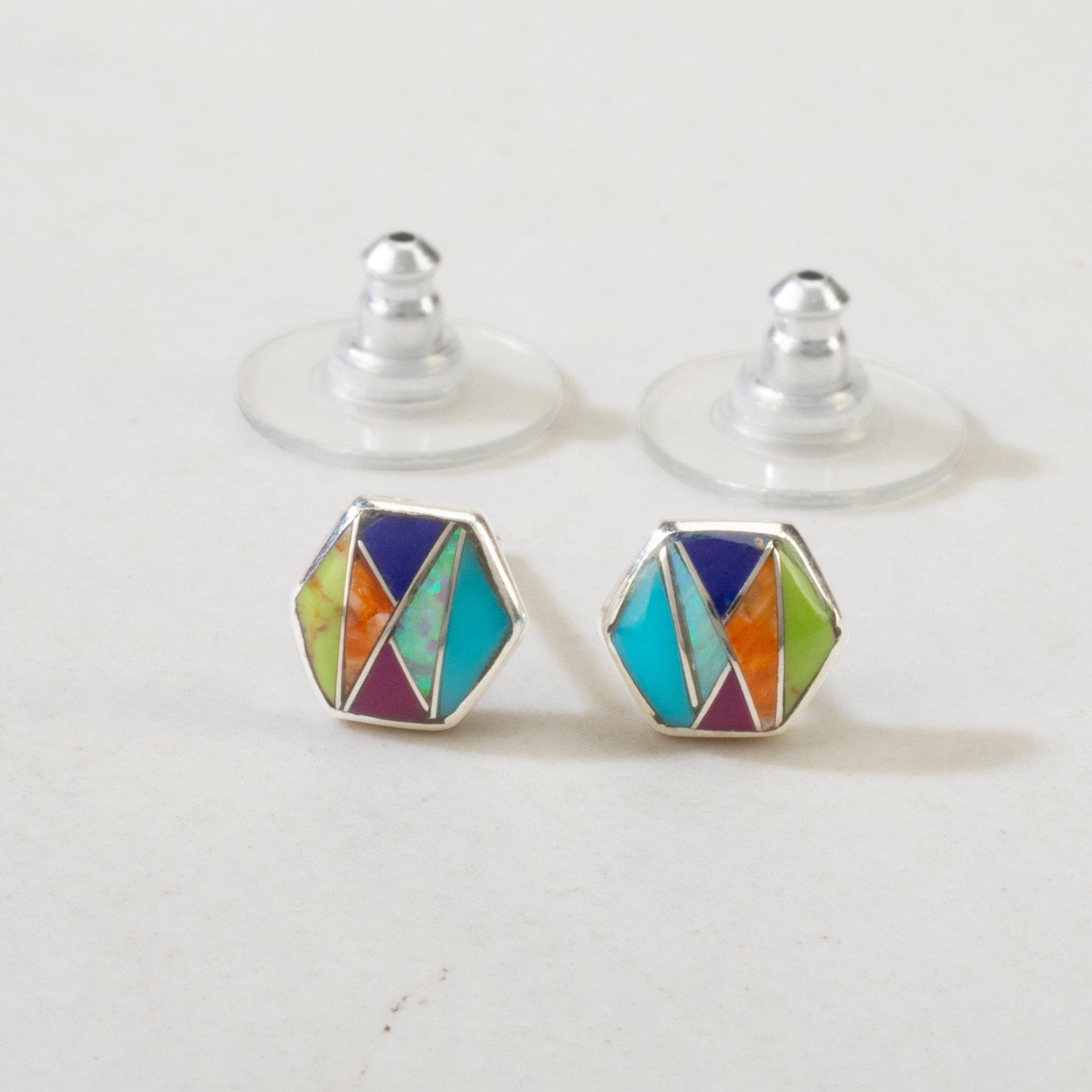 Kalifano Southwest Silver Jewelry Multi Gemstone Hexagon USA Handmade 925 Sterling Silver Earrings with Stud Backing NME.2265.MT