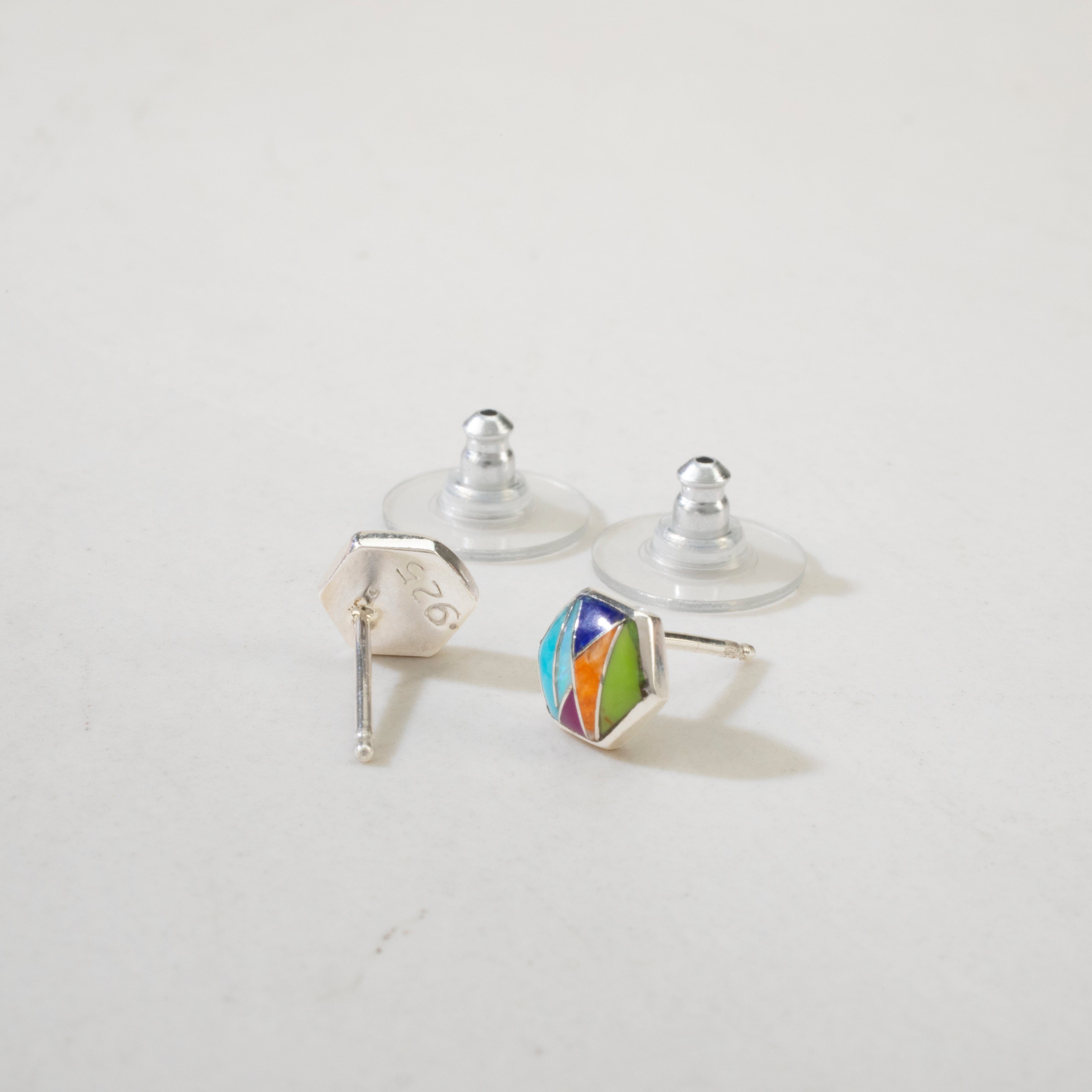 Kalifano Southwest Silver Jewelry Multi Gemstone Hexagon USA Handmade 925 Sterling Silver Earrings with Stud Backing NME.2265.MT