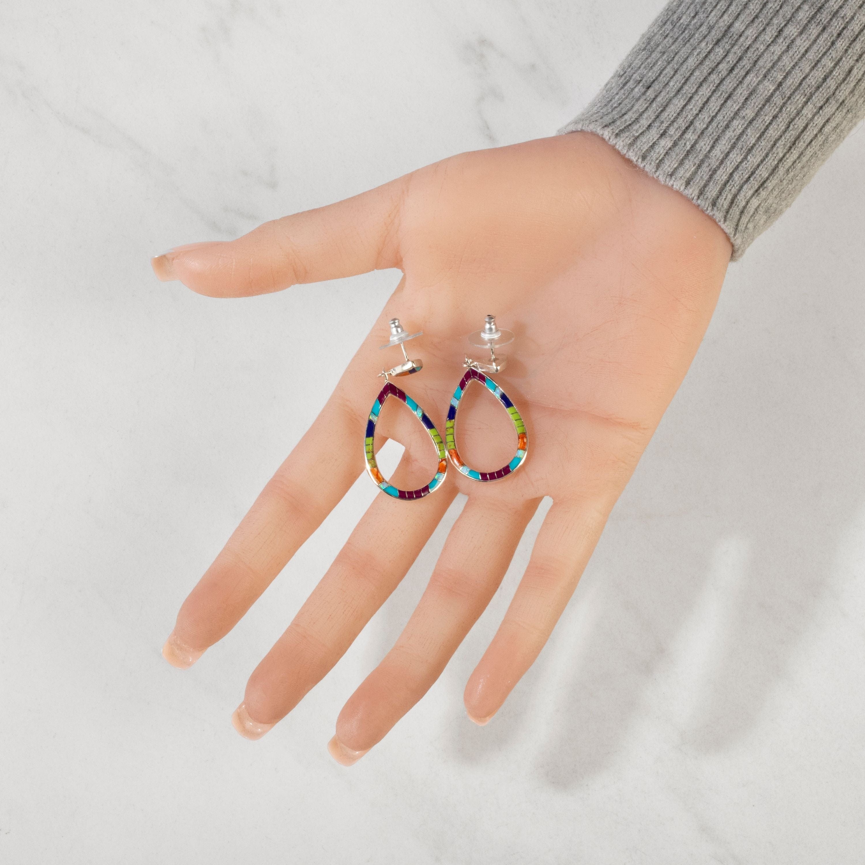 Kalifano Southwest Silver Jewelry Multi Gemstone Hollow Teardrop 925 Sterling Silver USA Handmade Earrings with Stud Backing NME.2295.MT