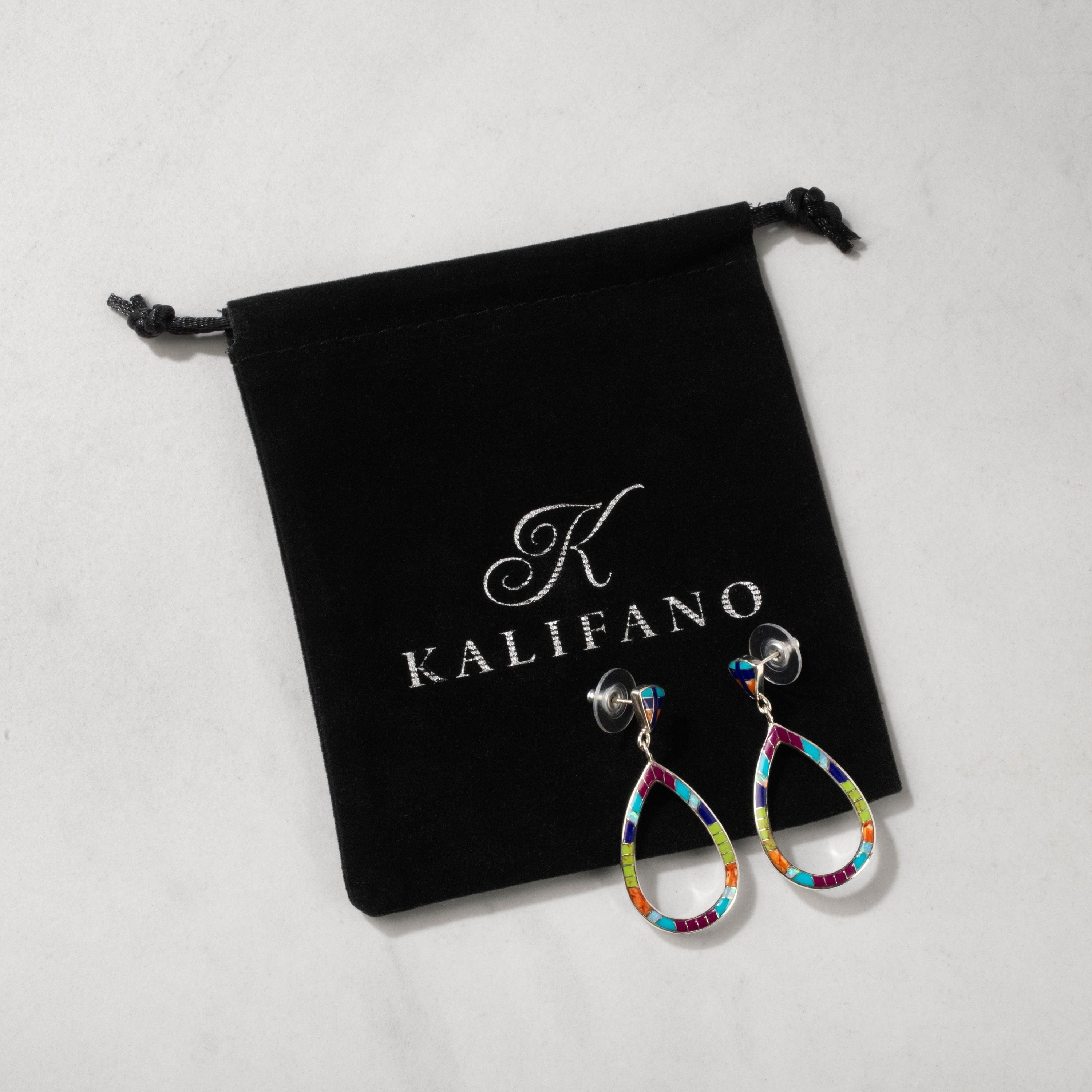 Kalifano Southwest Silver Jewelry Multi Gemstone Hollow Teardrop 925 Sterling Silver USA Handmade Earrings with Stud Backing NME.2295.MT