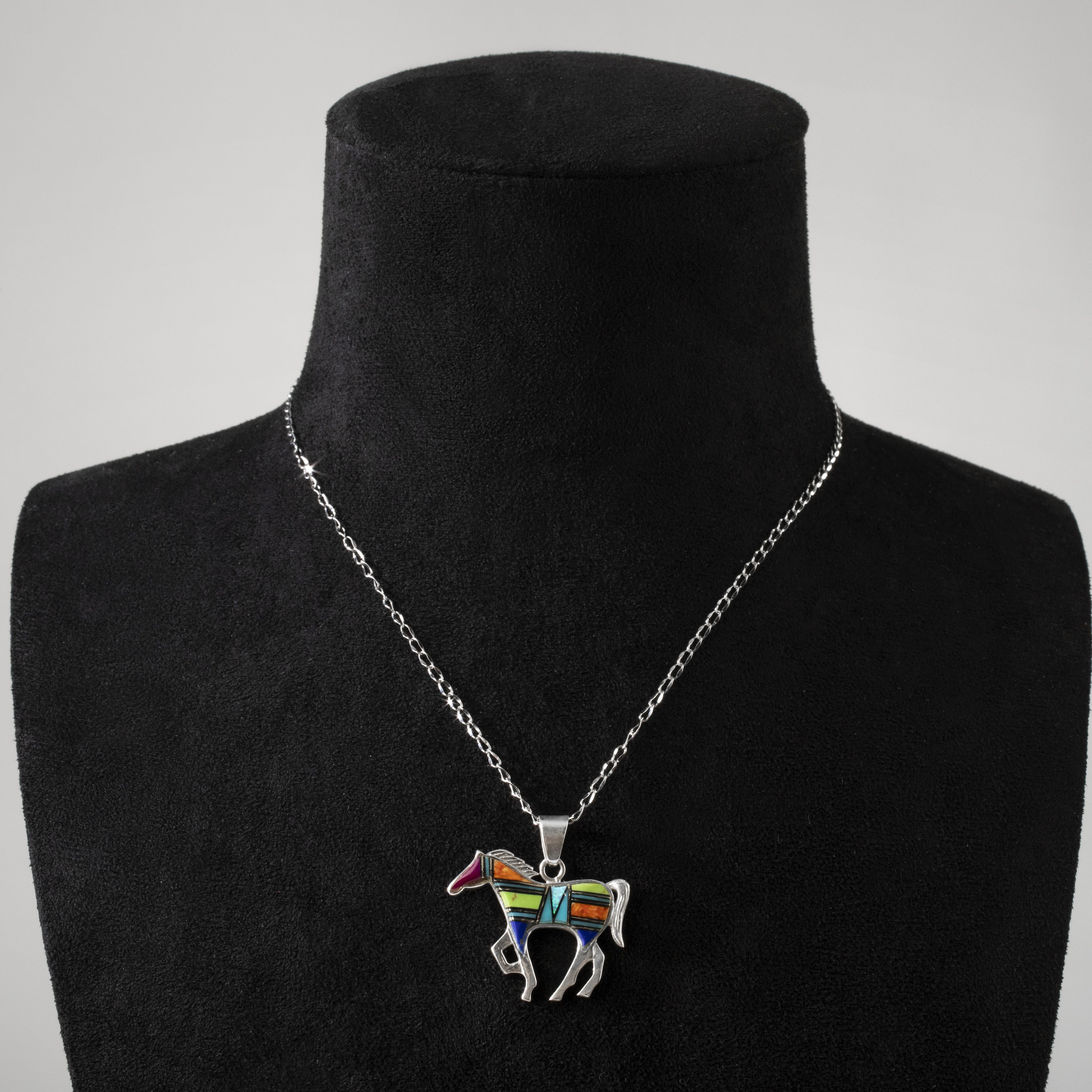 Kalifano Southwest Silver Jewelry Multi Gemstone Horse Handmade with Sterling Silver Pendant and Opal Accent NMN.1089.MT