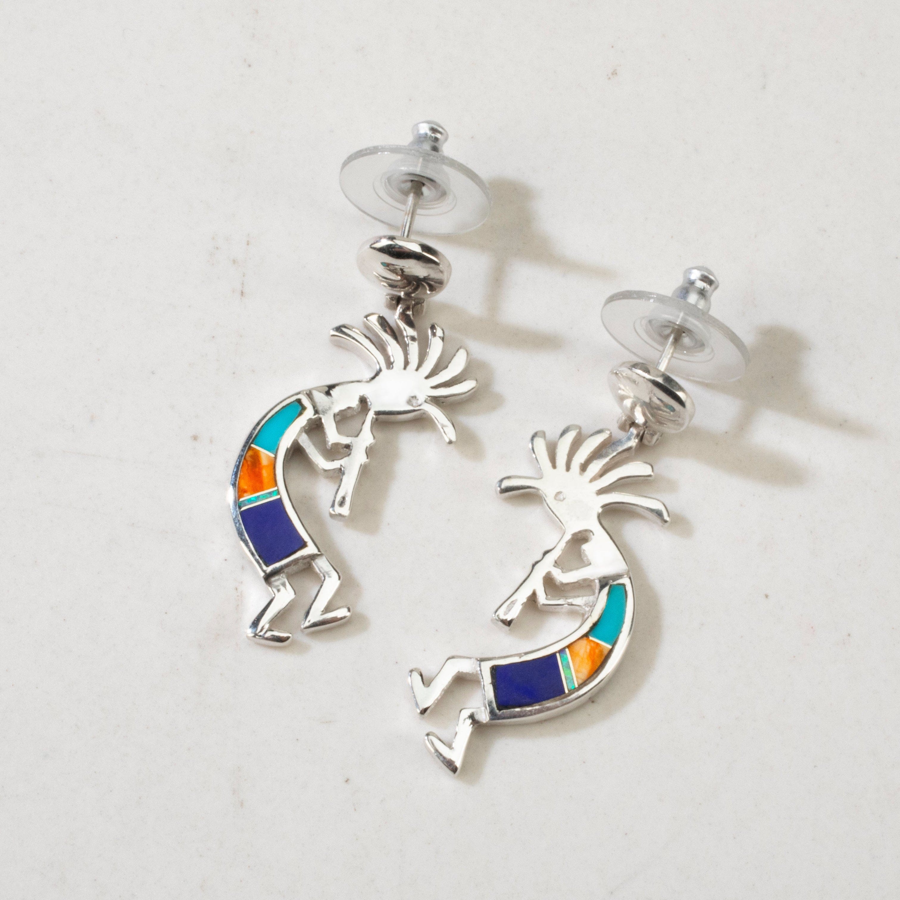 Kalifano Southwest Silver Jewelry Multi Gemstone Kokopelli USA Handmade 925 Sterling Silver Earrings with Stud Backing NME.0441.MT