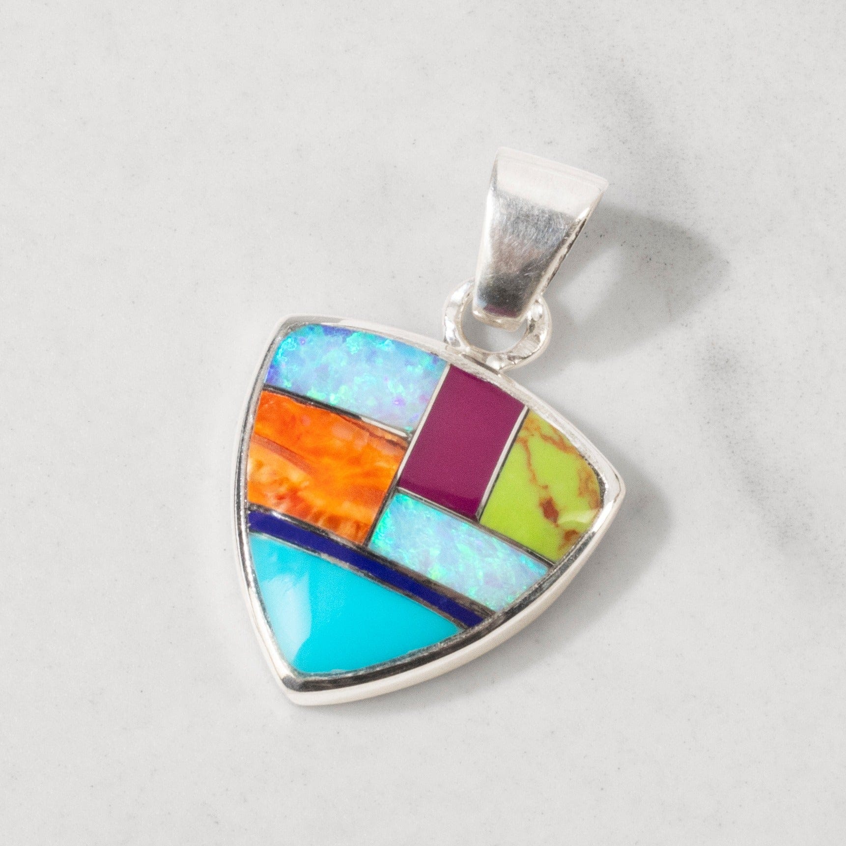 Kalifano Southwest Silver Jewelry Multi Gemstone Shield 925 Sterling Silver USA Handmade Pendant NMN.2242.MT