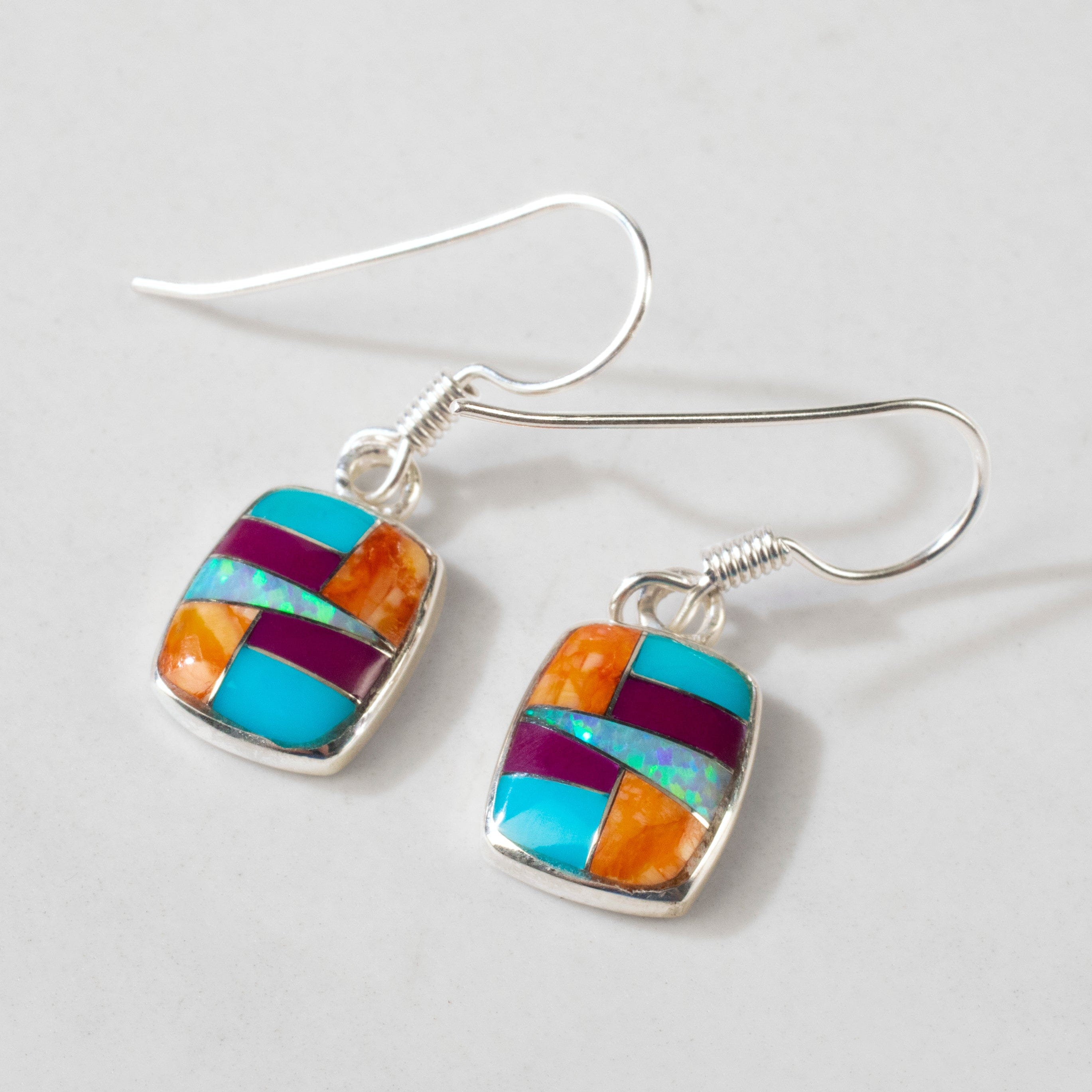 Kalifano Southwest Silver Jewelry Multi Gemstone Square 925 Sterling Silver USA Hanmade with French Hook NME.2074.MT