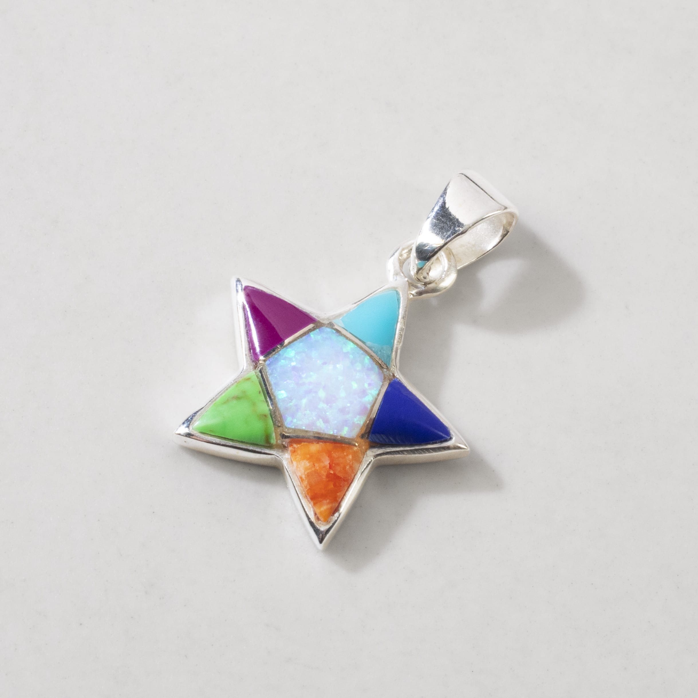 Kalifano Southwest Silver Jewelry Multi Gemstone Star 925 Sterling Silver Pendant USA Handmade with Opal Accent NMN.2243.MT