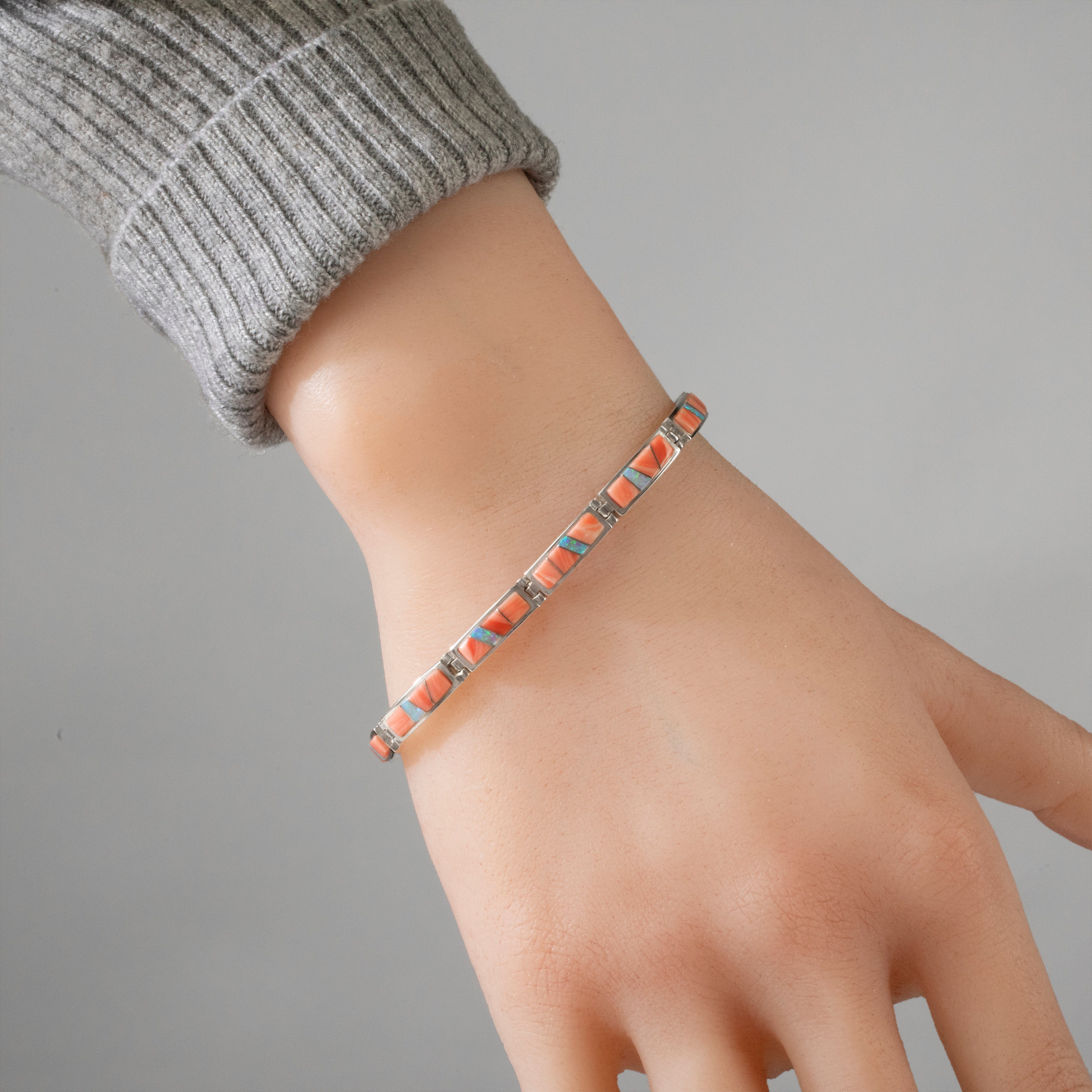 Kalifano Southwest Silver Jewelry Pink Conch Shell 925 Sterling Silver Bracelet USA Handmade with Opal Accent NMB.0560.PC
