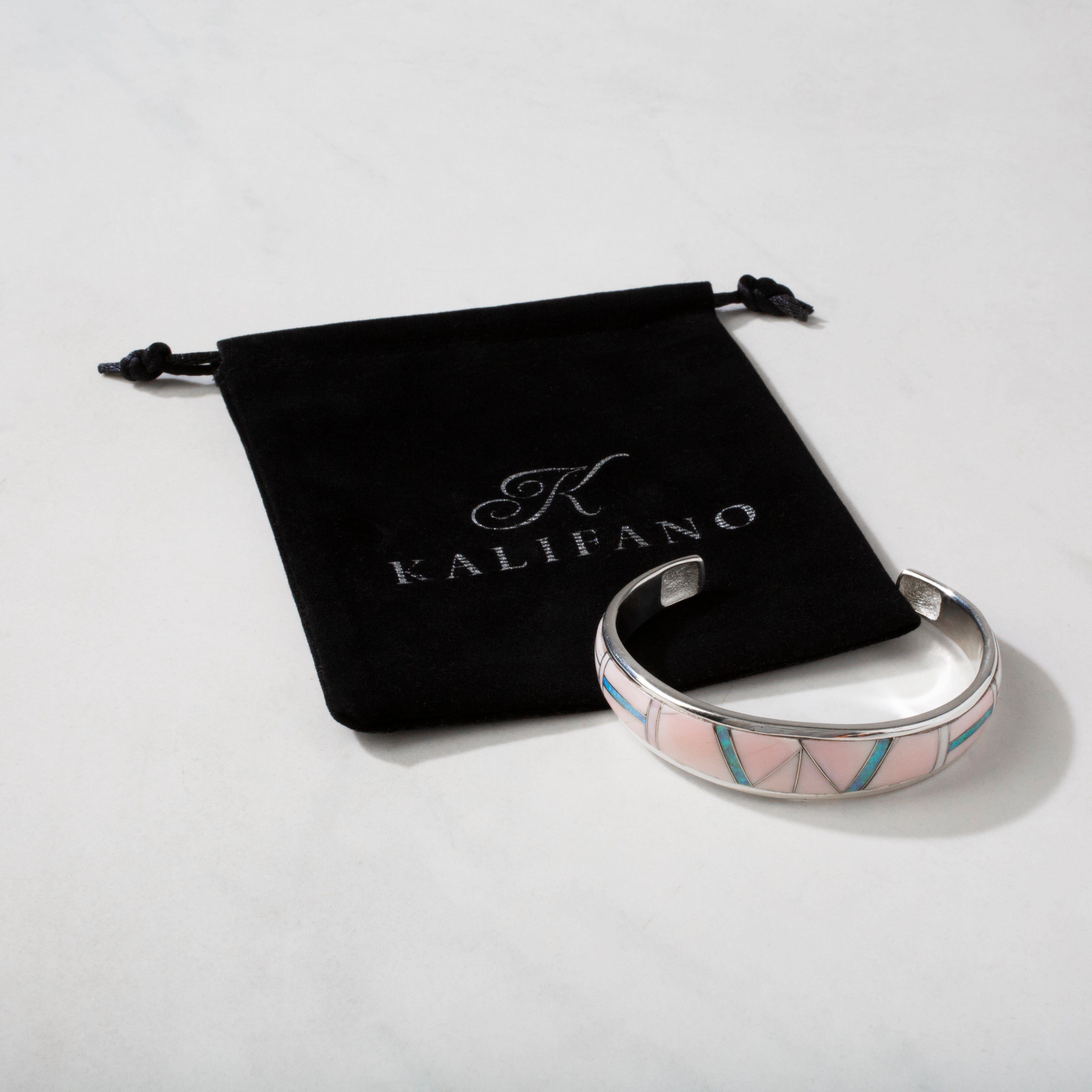 Kalifano Southwest Silver Jewelry Pink Conch Shell & Opal USA Handmade 925 Sterling Silver Cuff NMB.0691L.PC