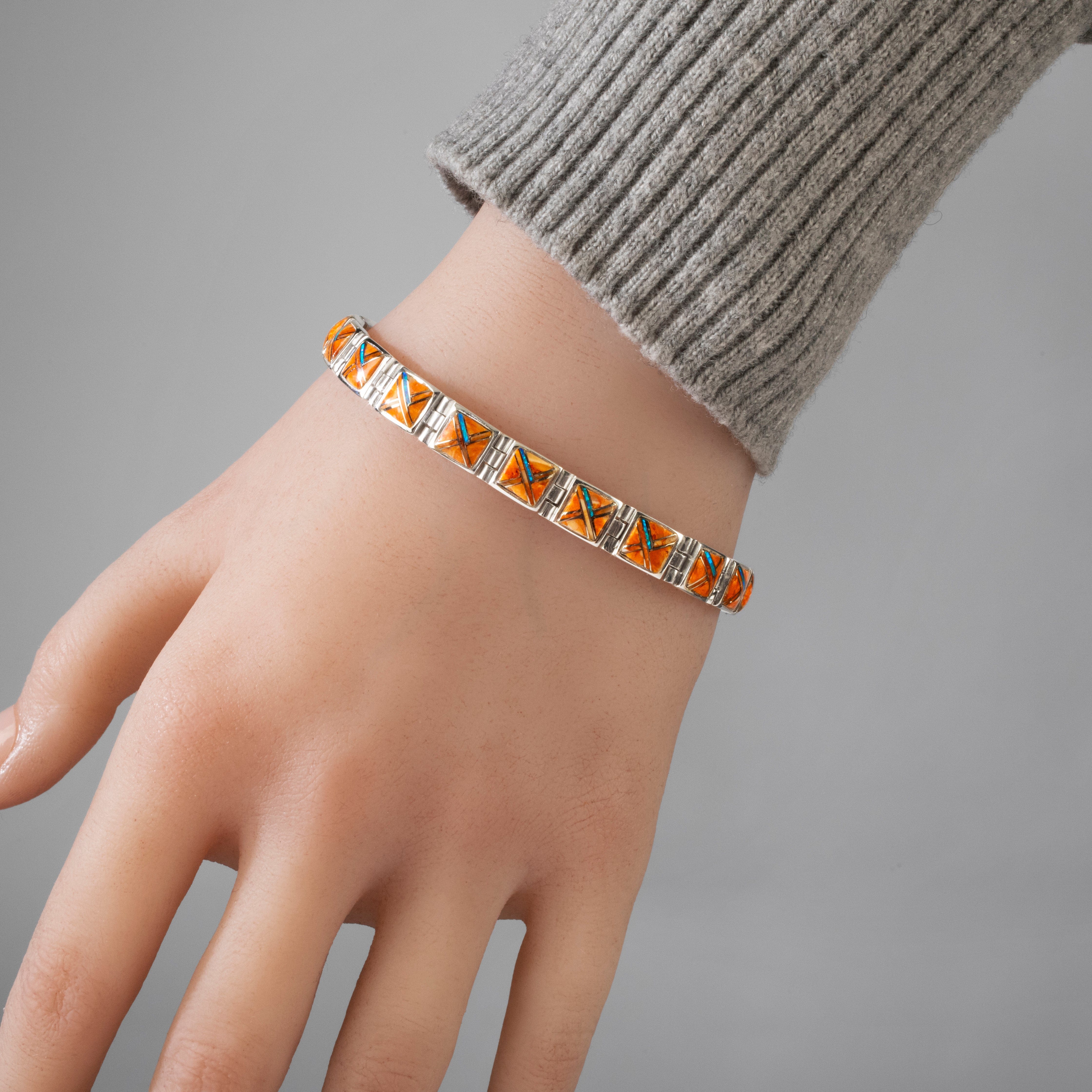Kalifano Southwest Silver Jewelry Spiny Oyster Square 925 Sterling Silver USA Handmade Bracelet NMB.0245.SP